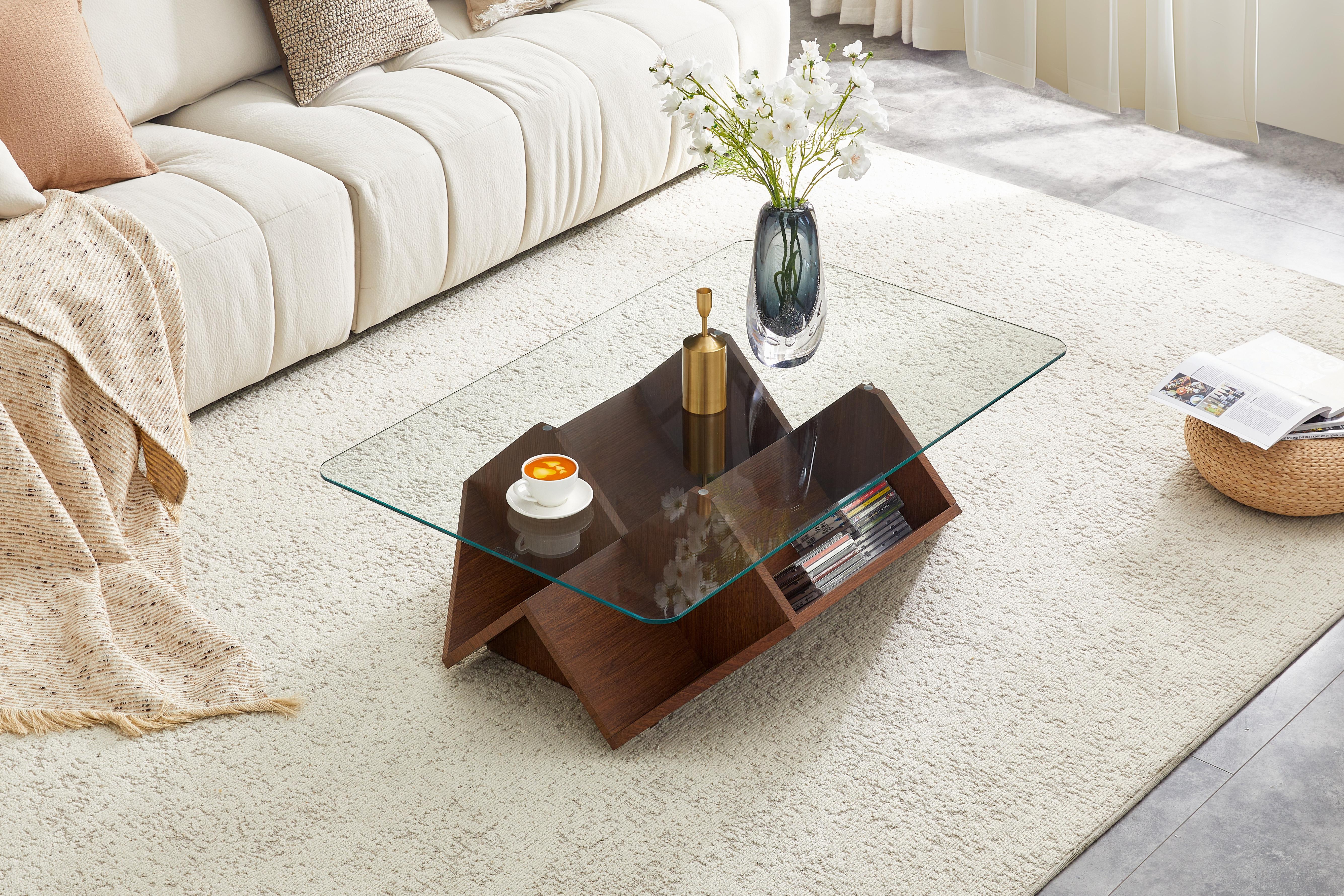 Multi-Storage Tempered Glass & MDF Coffee Table, Walnut Finish Coffee Table With Spacious Compartments For Daily Essentials, Modern Living Room Office Coffee Table