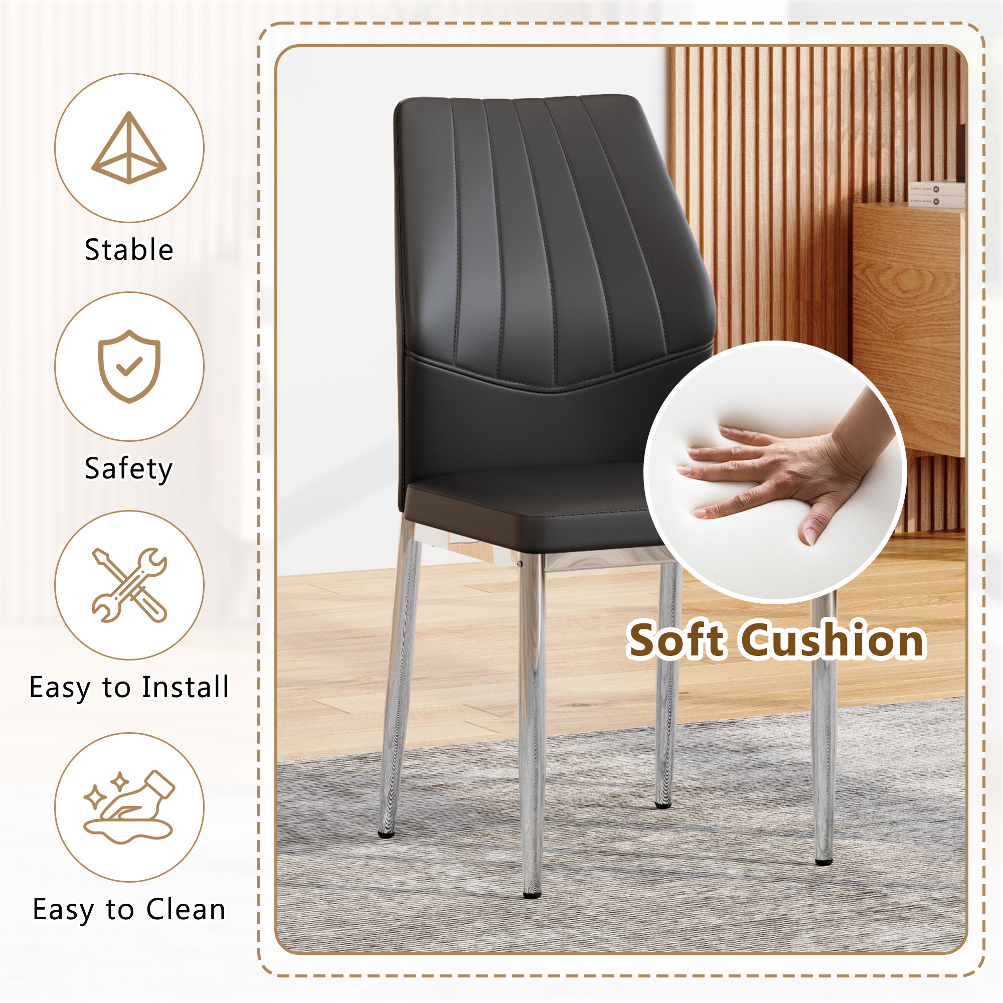 Set Of 4 Black - And - Silver Dining Chairs,37 Inches High Ergonomic PU Backrest, Combines Comfort And Style.Perfectly Blends Comfort And Elegance, Injecting More Comfort And Style Into Dining Time.