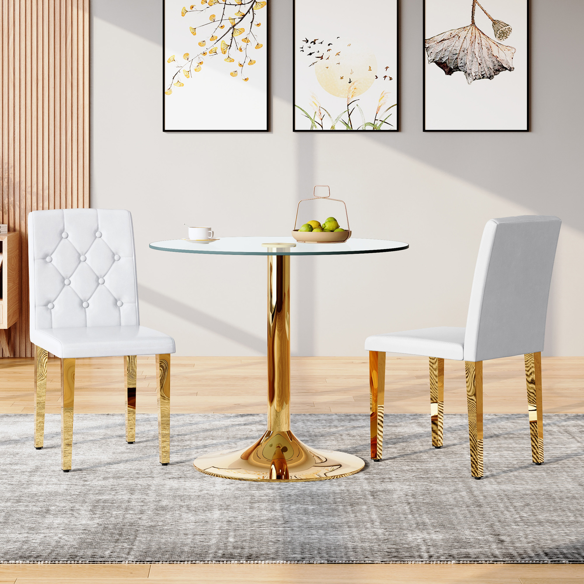 2-pack White PU Dining Chairs Ergonomic Buckle Backrest, 35 Inches High, Golden Metal Legs Combines Comfort And Texture Perfectly Suitable For Family Dining Rooms, Hotel Banquet Halls,etc.
