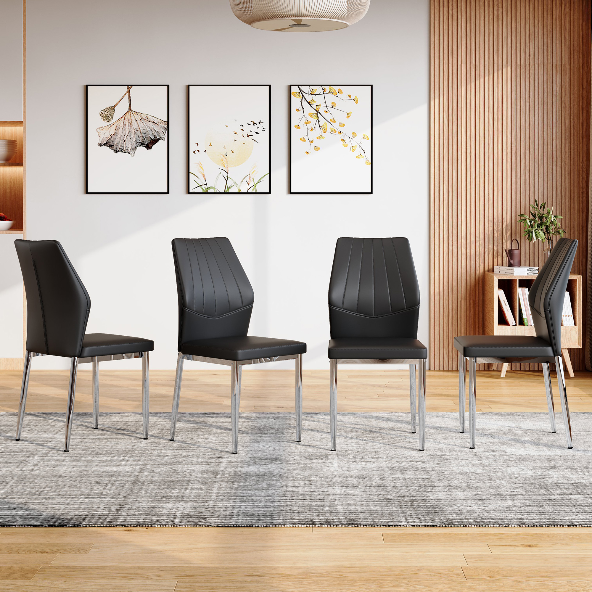 Set Of 4 Black - And - Silver Dining Chairs,37 Inches High Ergonomic PU Backrest, Combines Comfort And Style.Perfectly Blends Comfort And Elegance, Injecting More Comfort And Style Into Dining Time.