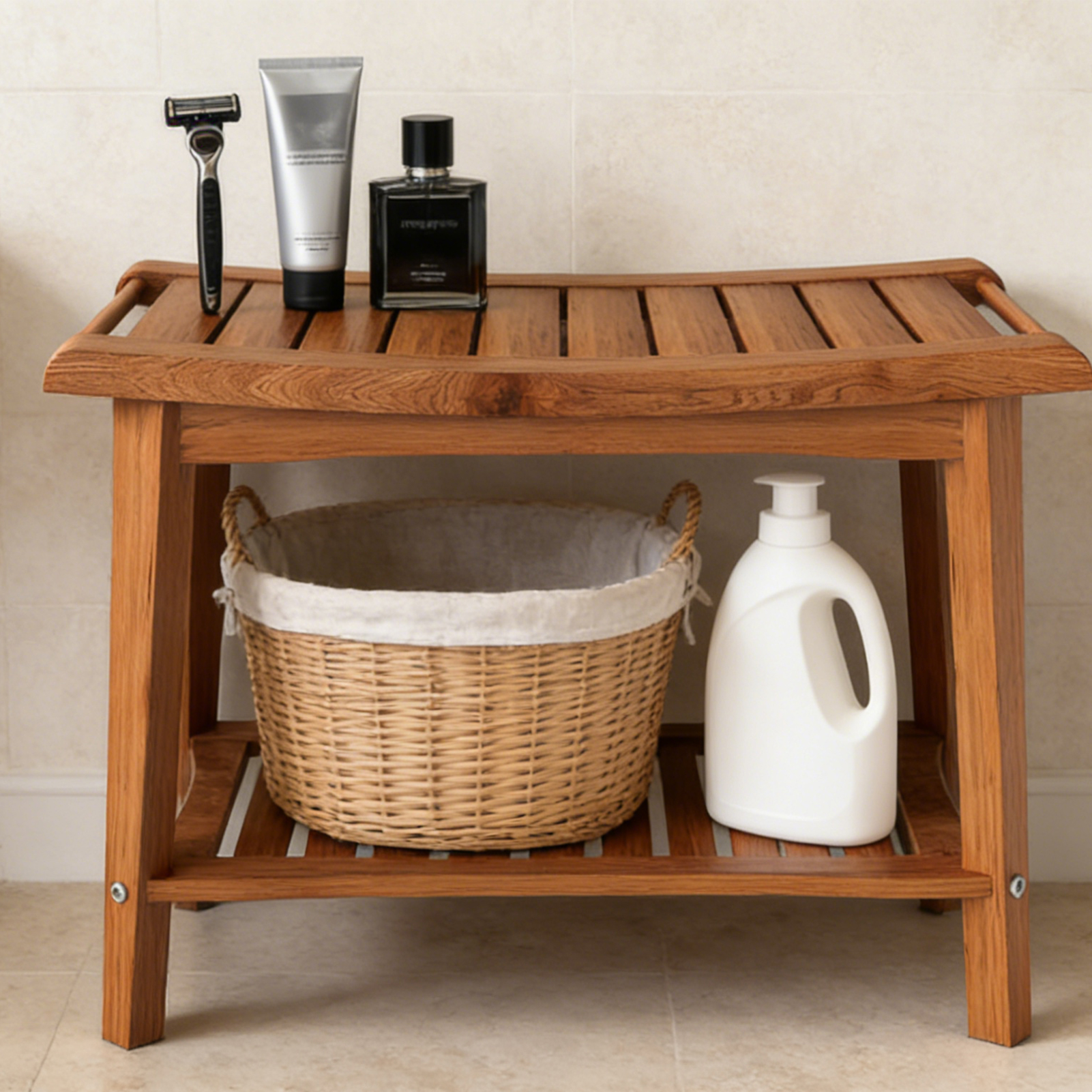 Shower Bench Wood Water Proof Ergonomic Shower Stool With Storage Shelf For Bathroom Spa Brown