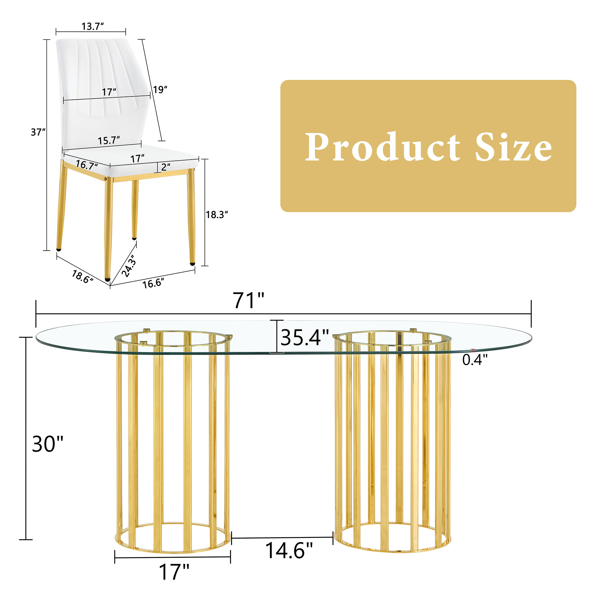 Table And Chair Set.71 Inch Oval Tempered Glass Dining Table,gold Double Column Light Luxury Style. Paired With 8 White PU Chairs With Golden Legs. 37 Inches High Ergonomic PU Backrest .