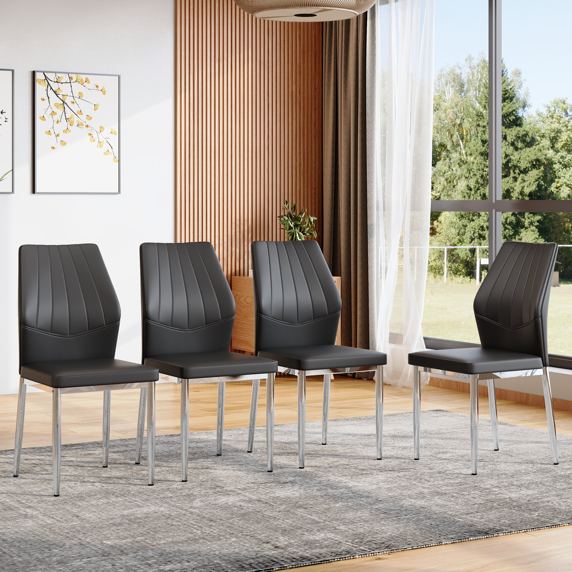 Set Of 4 Black - And - Silver Dining Chairs,37 Inches High Ergonomic PU Backrest, Combines Comfort And Style.Perfectly Blends Comfort And Elegance, Injecting More Comfort And Style Into Dining Time.