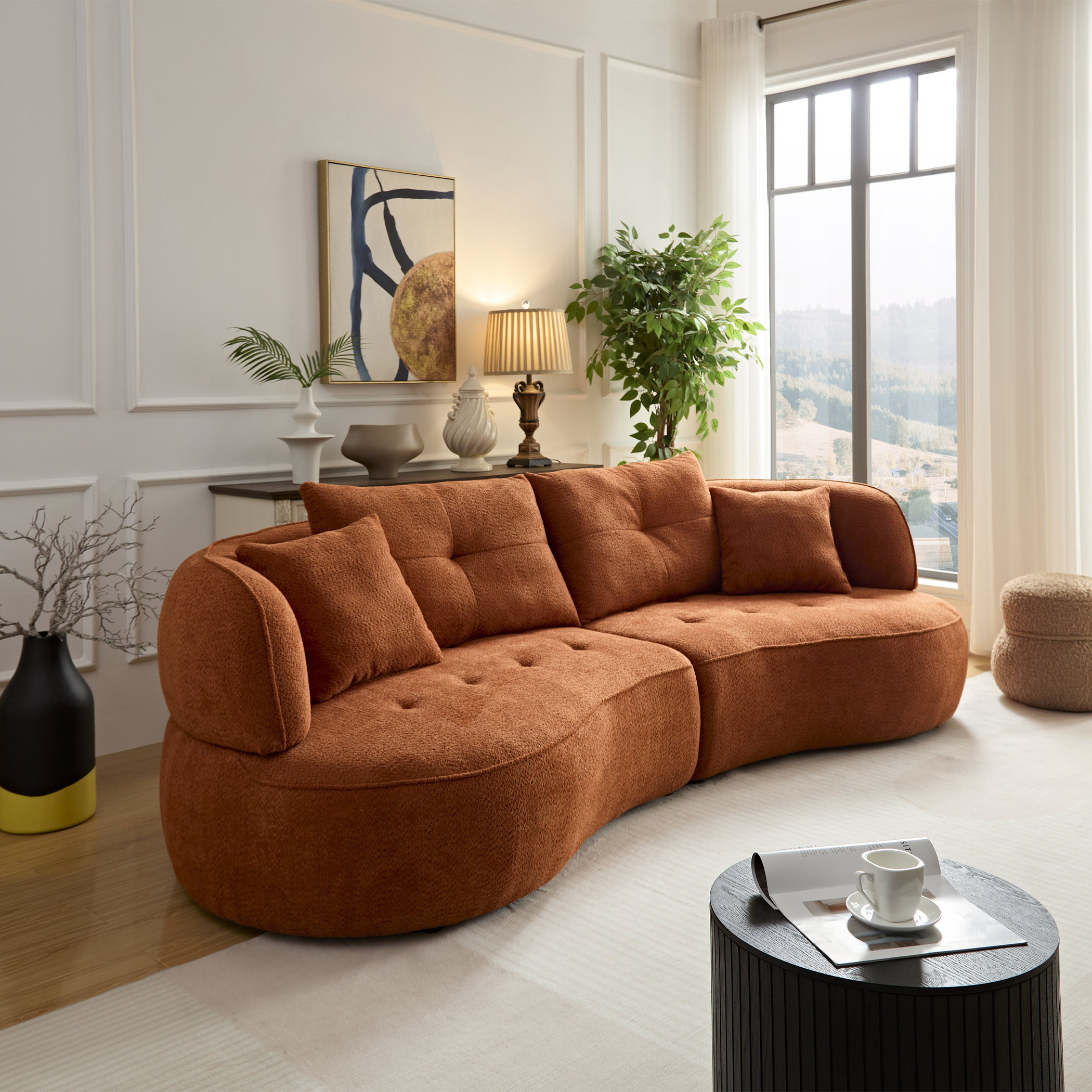 WKS7C Orange Sectional Sofa With Removable Pillows, Durable Fabric, Solid Wood Frame, High Density Sponge Filler