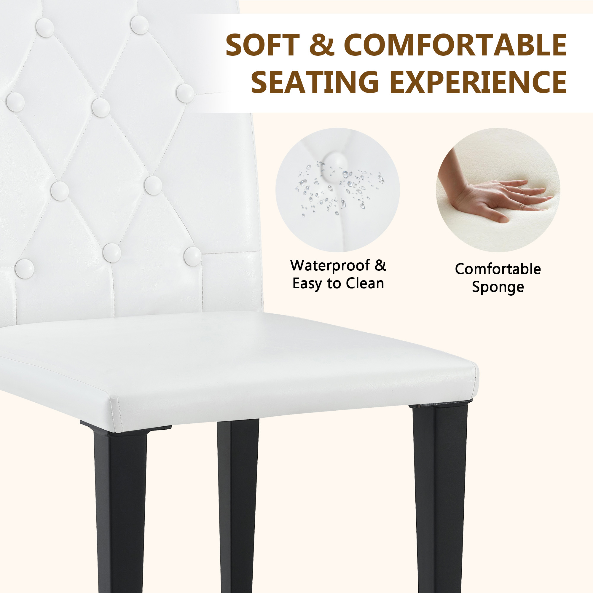 2-pack White PU Dining Chairs Ergonomic Buckle Backrest, 35 Inches High, Black Metal Legs,Combines Comfort And Texture.Perfectly Suitable For Family Dining Rooms, Hotel Banquet Halls,etc.