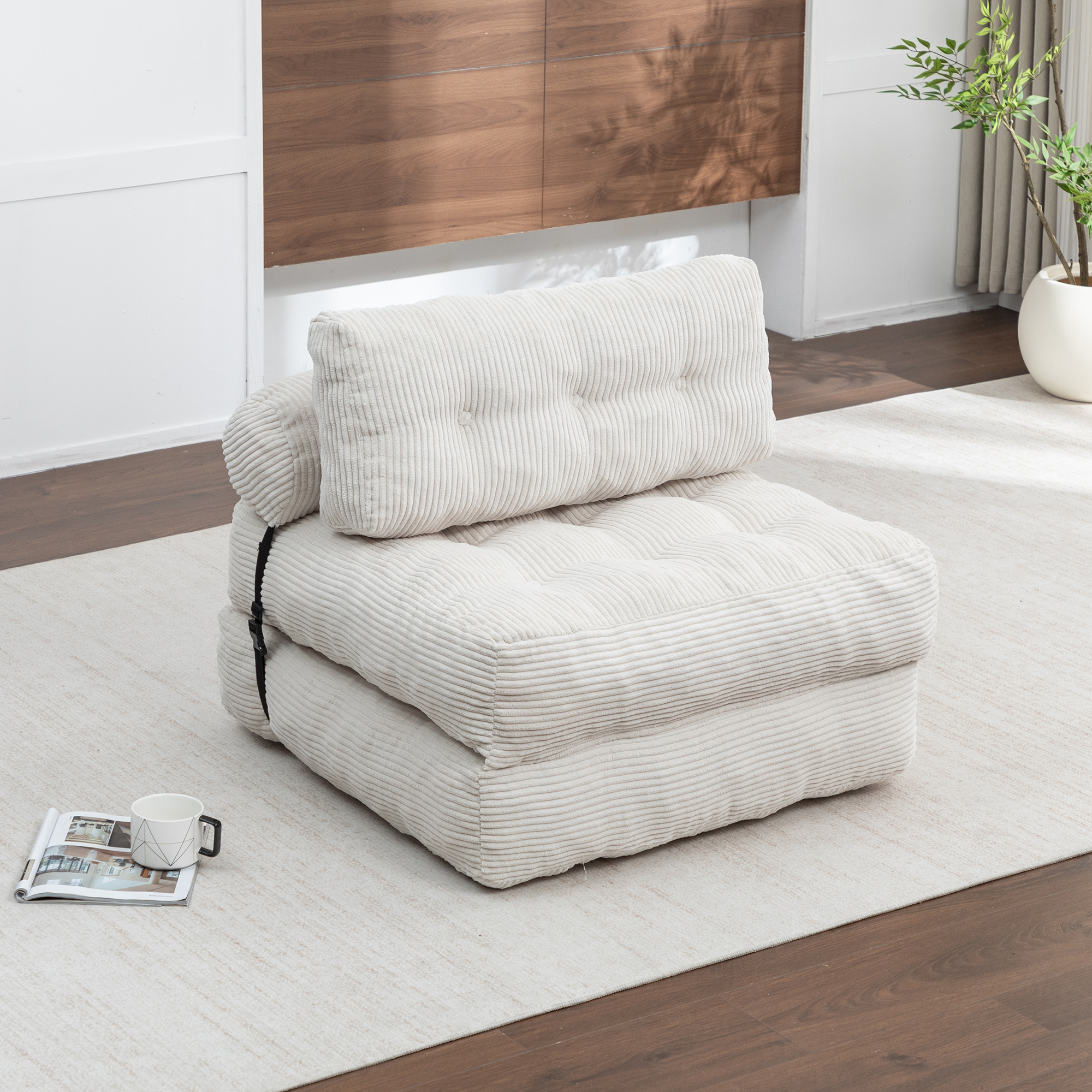 Folding Sofa Bed, Convertible Sleeper Chair With Pillow Foldable Mattress With Back Support, Portable Fold Out Chair Bed Comfy Floor Sofa Lounge For Living Room Bedroom, Beige, Single