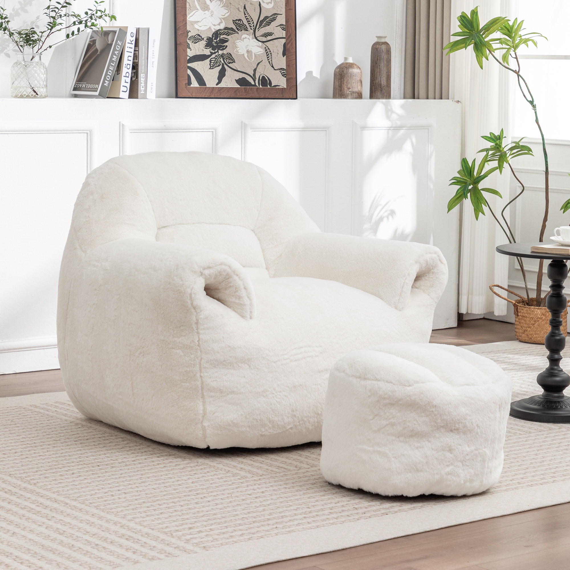 Bean Bag Chair, Comfy Bean Bag Sofa With Back Support, With Footstool,Faux Fur Bean Bag Chair For Adults And Kids, Stuffed Floor Sofa For Living Room, Bedroom, Apartment, White