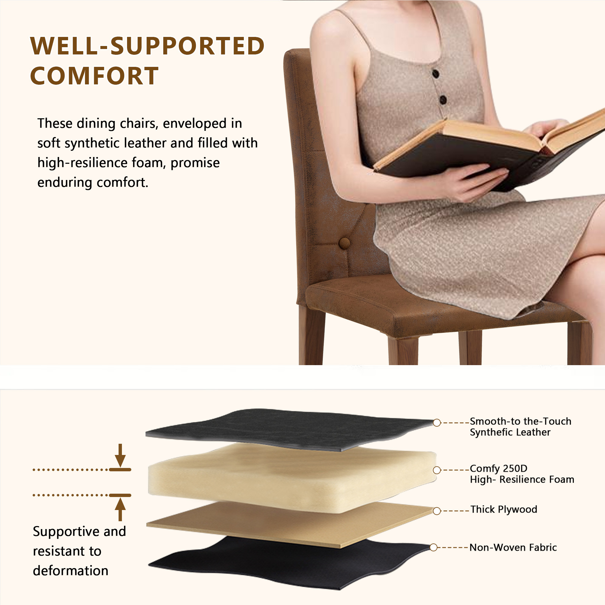 2-piece Brown Technology Cloth Dining Chair Ergonomically Designed With A Buckle Backrest,35 Inches High, Walnut Metal Legs, Combining Comfort And Texture.Suitable For Restaurants,banquet Halls,etc.