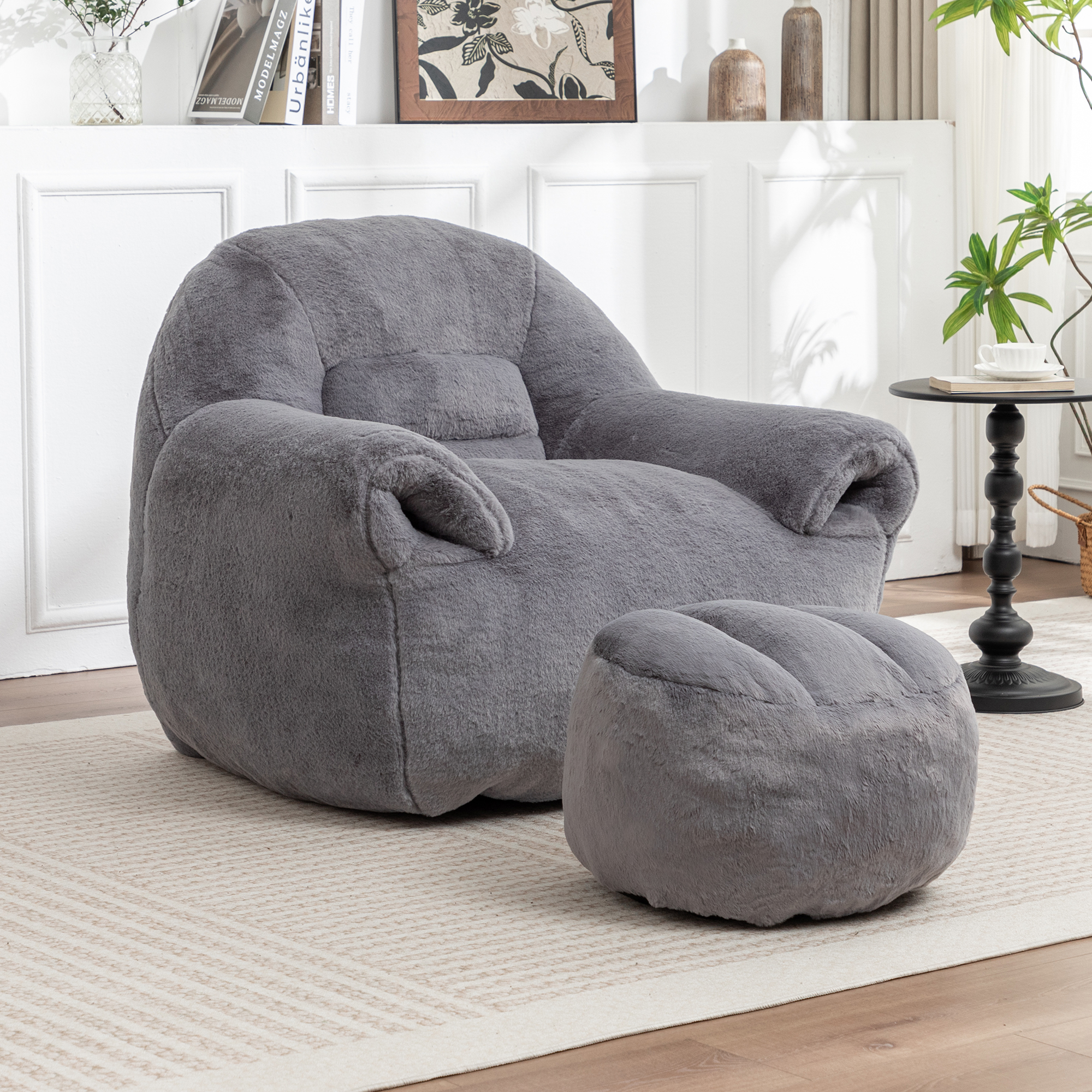 Bean Bag Chair, Comfy Bean Bag Sofa With Back Support, With Footstool,Faux Fur Bean Bag Chair For Adults And Kids, Stuffed Floor Sofa For Living Room, Bedroom, Apartment, Grey