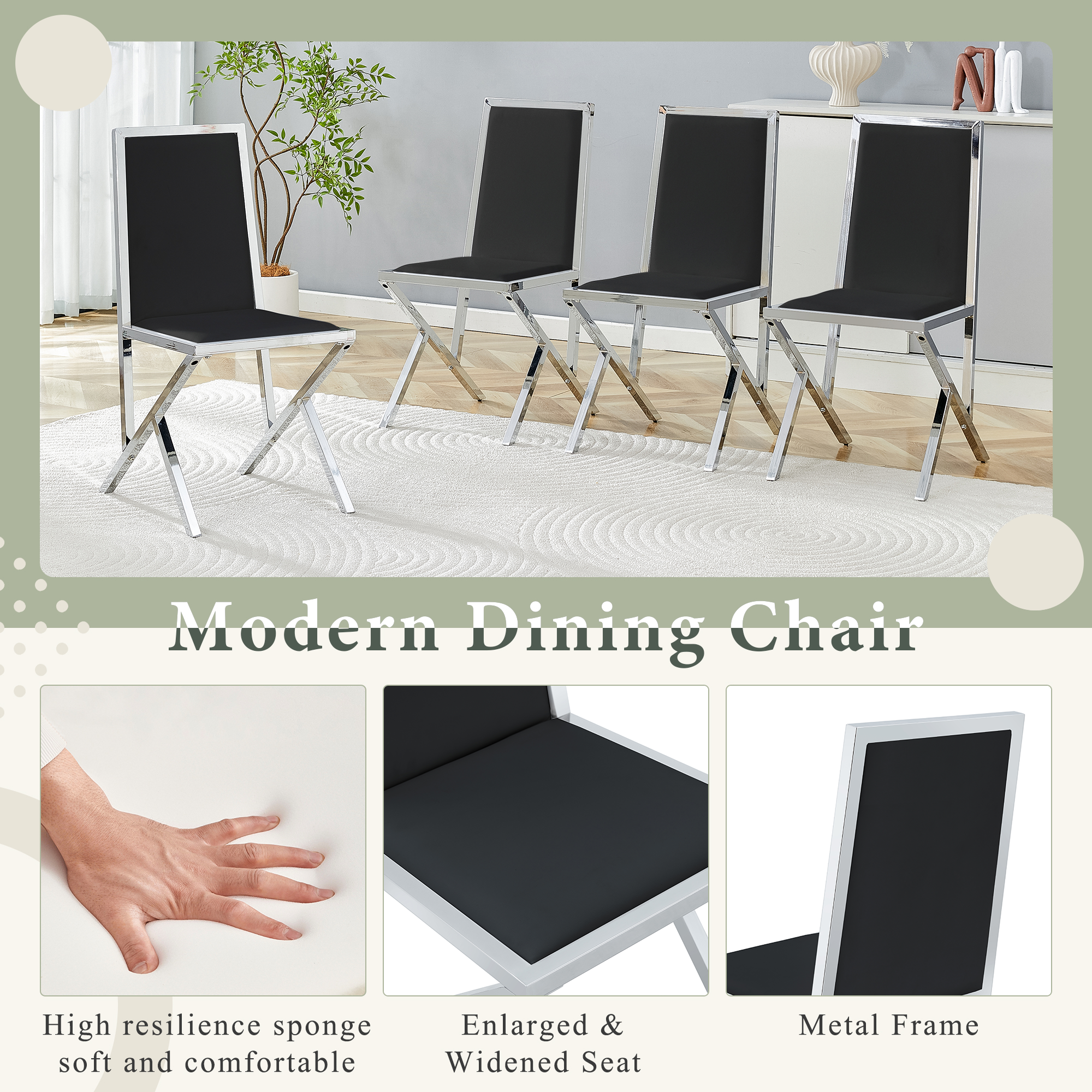 4-pack Silver Metal Framed Black PU Dining Chairs Ergonomic Design, A Simple And Luxurious Choice.Featuring Uniquely Designed Silver Metal Legs.