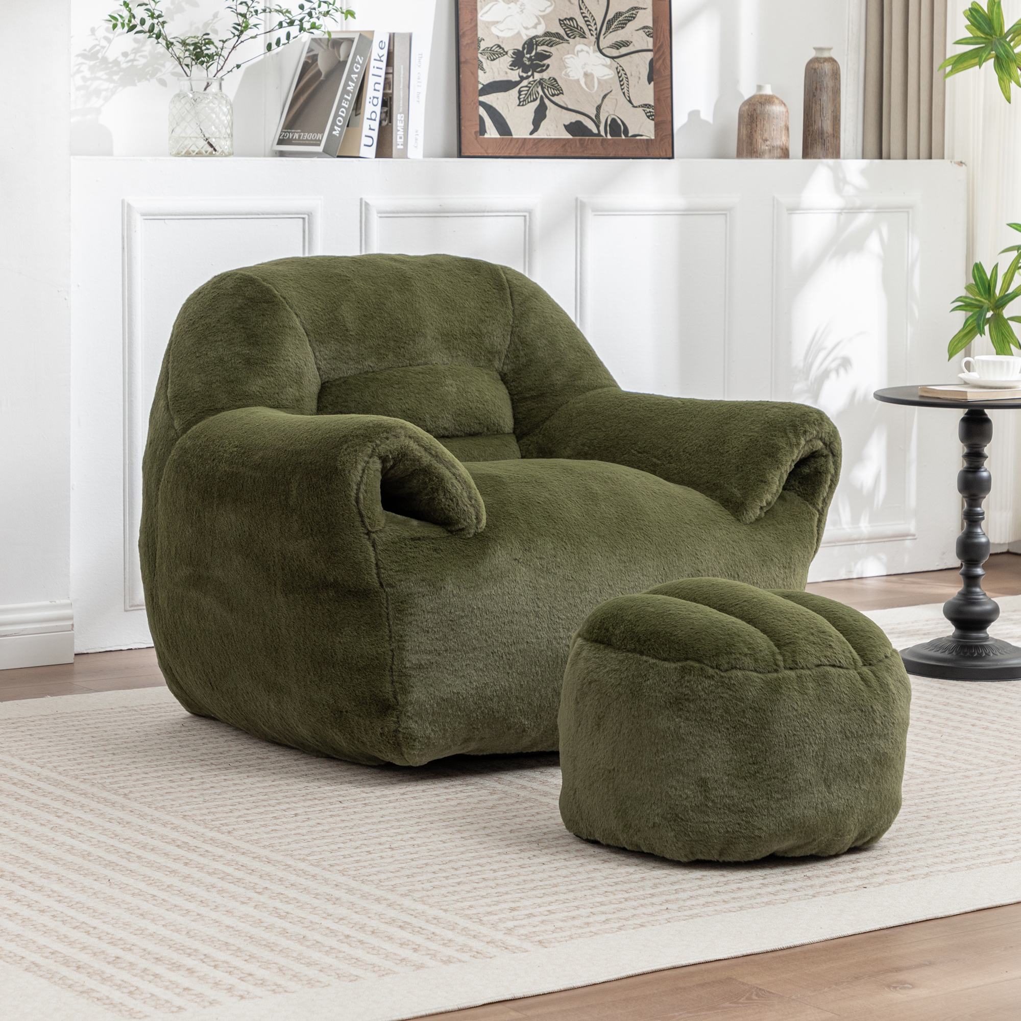 Bean Bag Chair, Comfy Bean Bag Sofa With Back Support, With Footstool,Faux Fur Bean Bag Chair For Adults And Kids, Stuffed Floor Sofa For Living Room, Bedroom, Apartment, Green