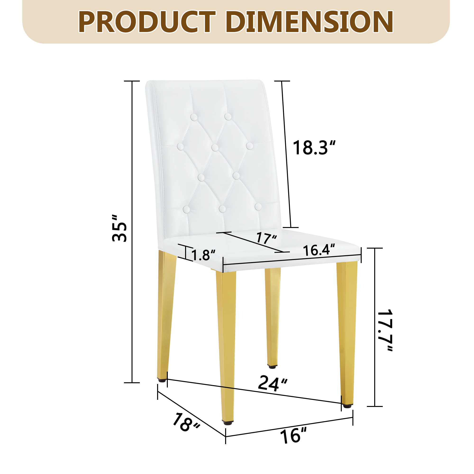 2-pack White PU Dining Chairs Ergonomic Buckle Backrest, 35 Inches High, Golden Metal Legs Combines Comfort And Texture Perfectly Suitable For Family Dining Rooms, Hotel Banquet Halls,etc.