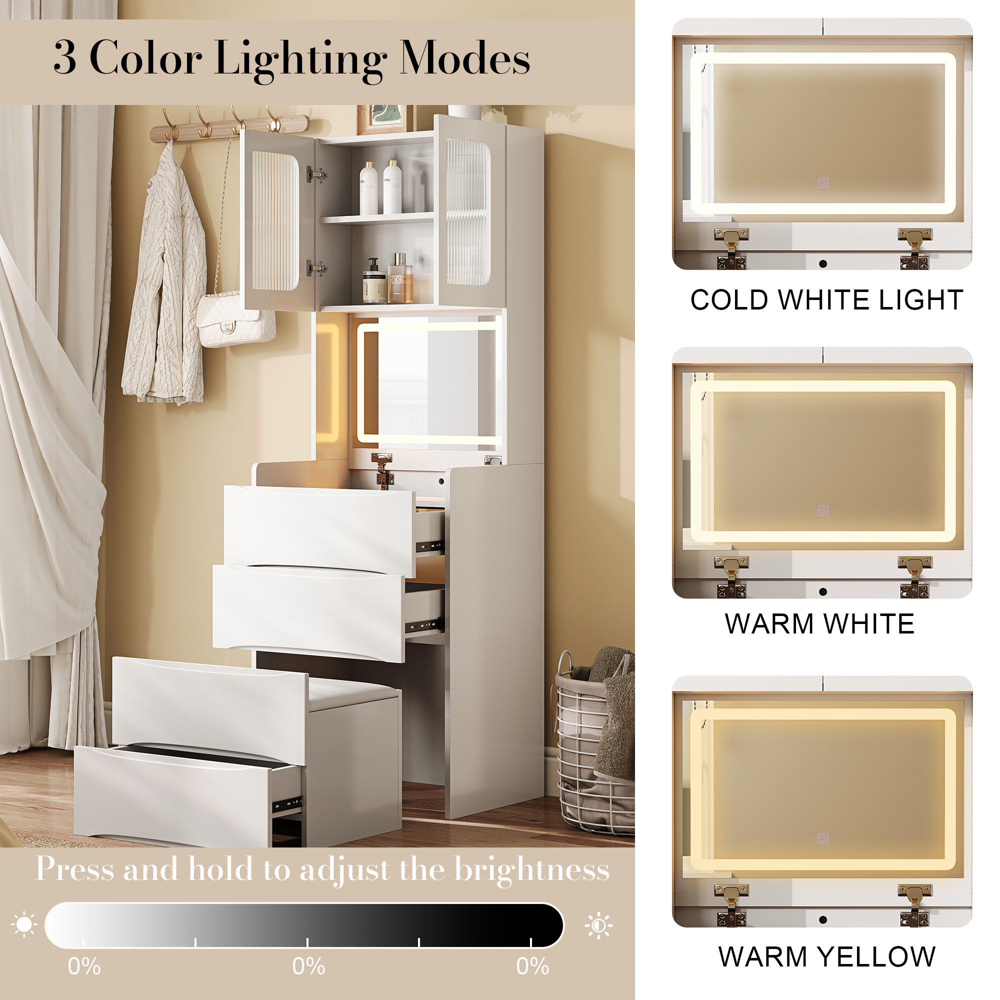 3-in-1 Vanity Table With LED Mirror & Storage Stool, Flip Top Makeup Dressing Table With Adjustable Lights, 5 Storage Spaces Cosmetic Organizer For Bedroom