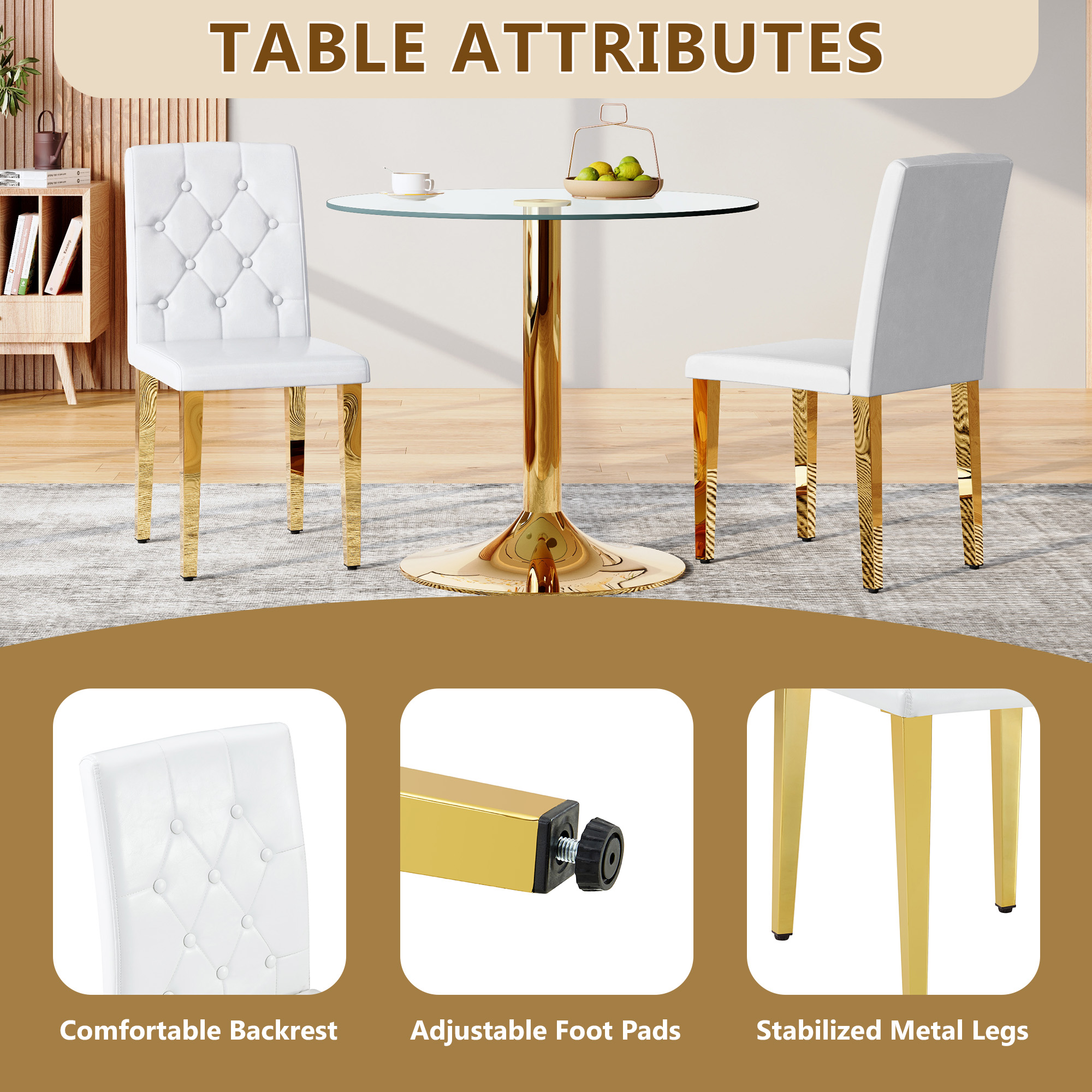 2-pack White PU Dining Chairs Ergonomic Buckle Backrest, 35 Inches High, Golden Metal Legs Combines Comfort And Texture Perfectly Suitable For Family Dining Rooms, Hotel Banquet Halls,etc.