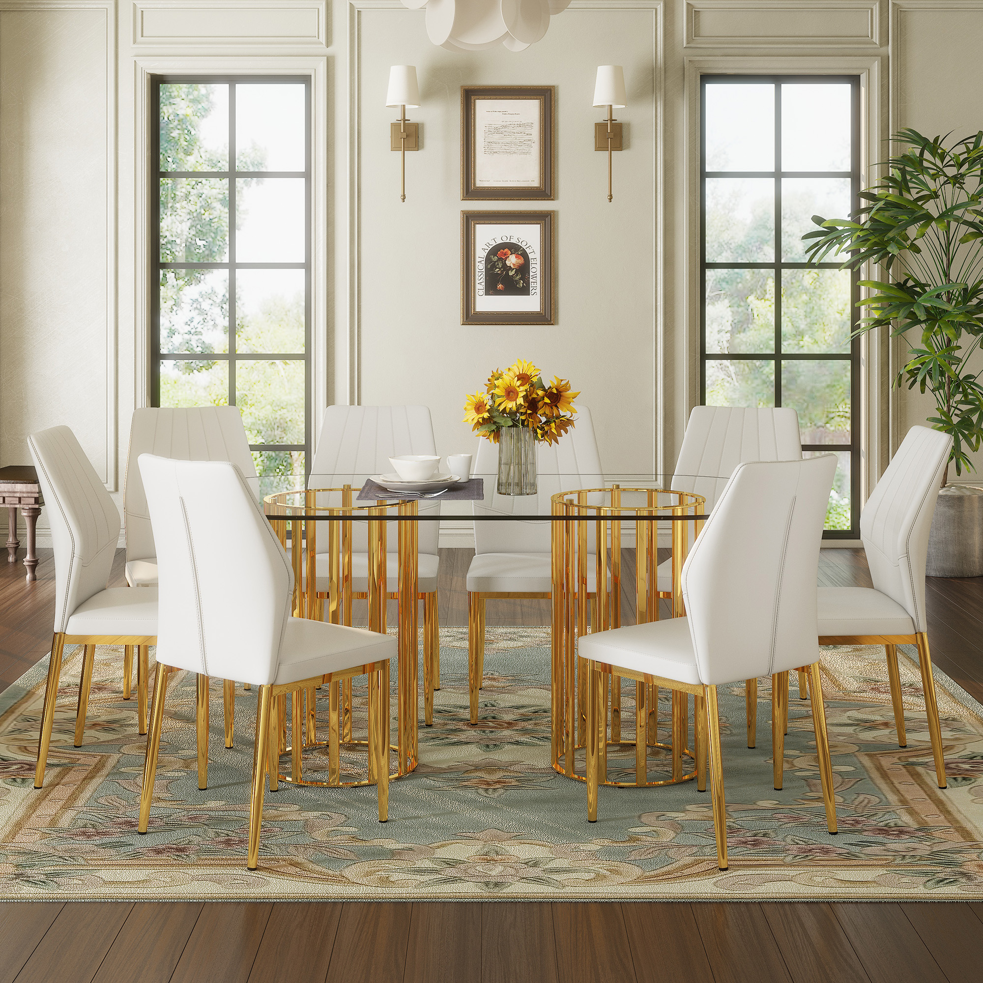 Table And Chair Set.71 Inch Oval Tempered Glass Dining Table,gold Double Column Light Luxury Style. Paired With 8 White PU Chairs With Golden Legs. 37 Inches High Ergonomic PU Backrest .
