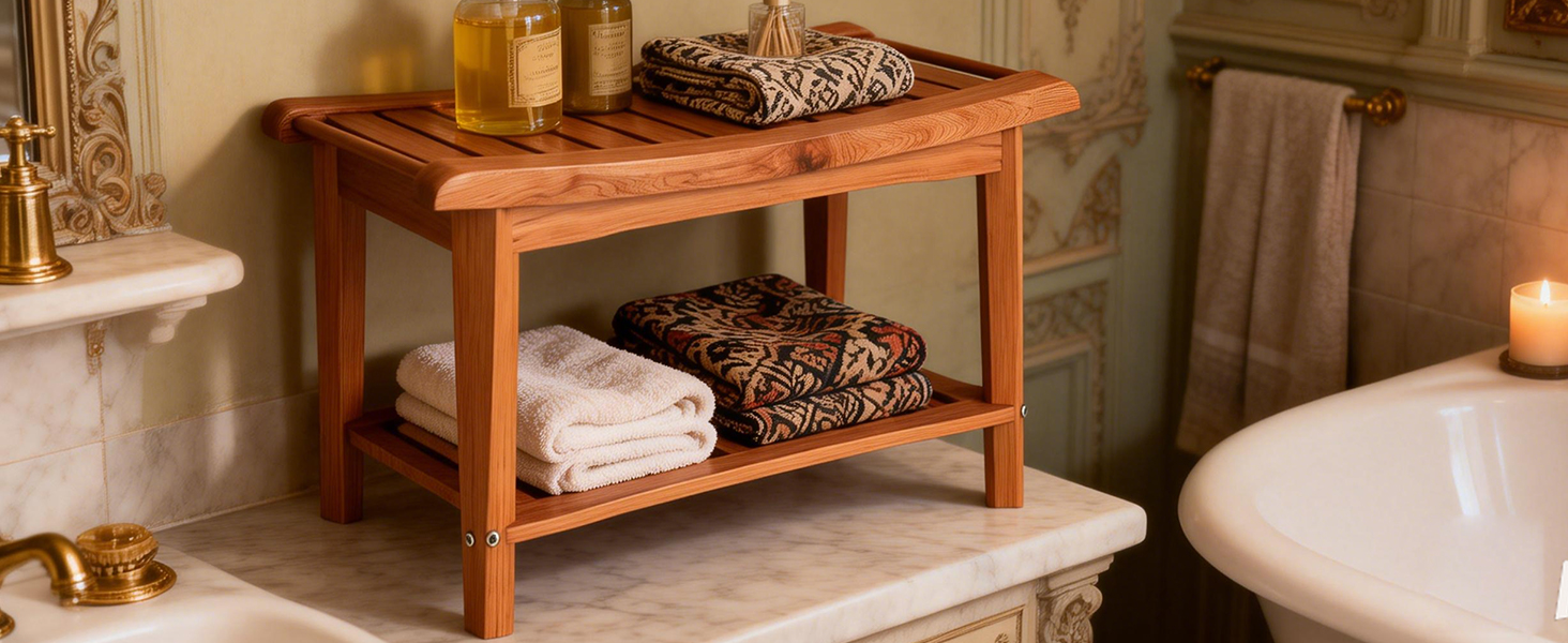 Shower Bench Wood Water Proof Ergonomic Shower Stool With Storage Shelf For Bathroom Spa Brown
