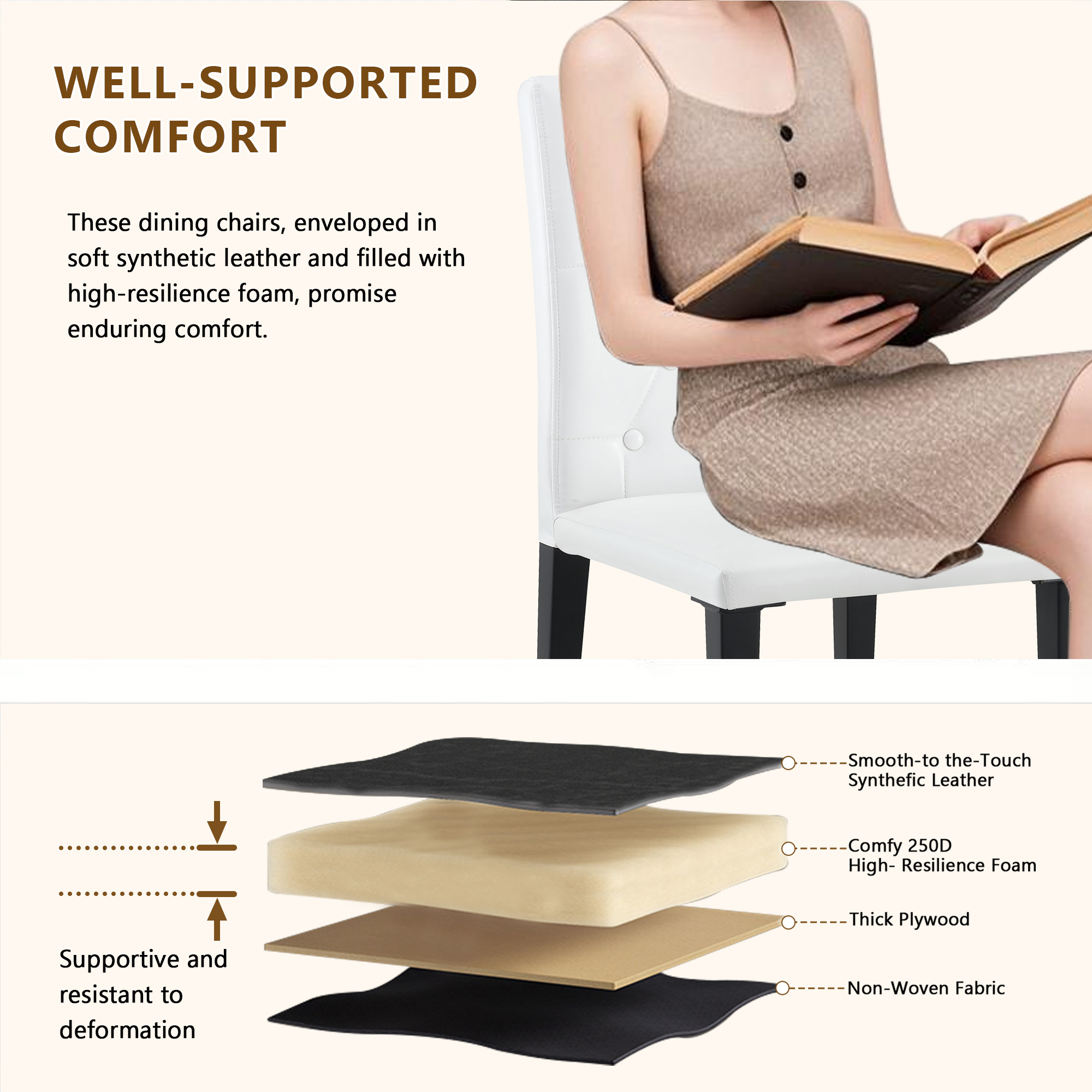 2-pack White PU Dining Chairs Ergonomic Buckle Backrest, 35 Inches High, Black Metal Legs,Combines Comfort And Texture.Perfectly Suitable For Family Dining Rooms, Hotel Banquet Halls,etc.