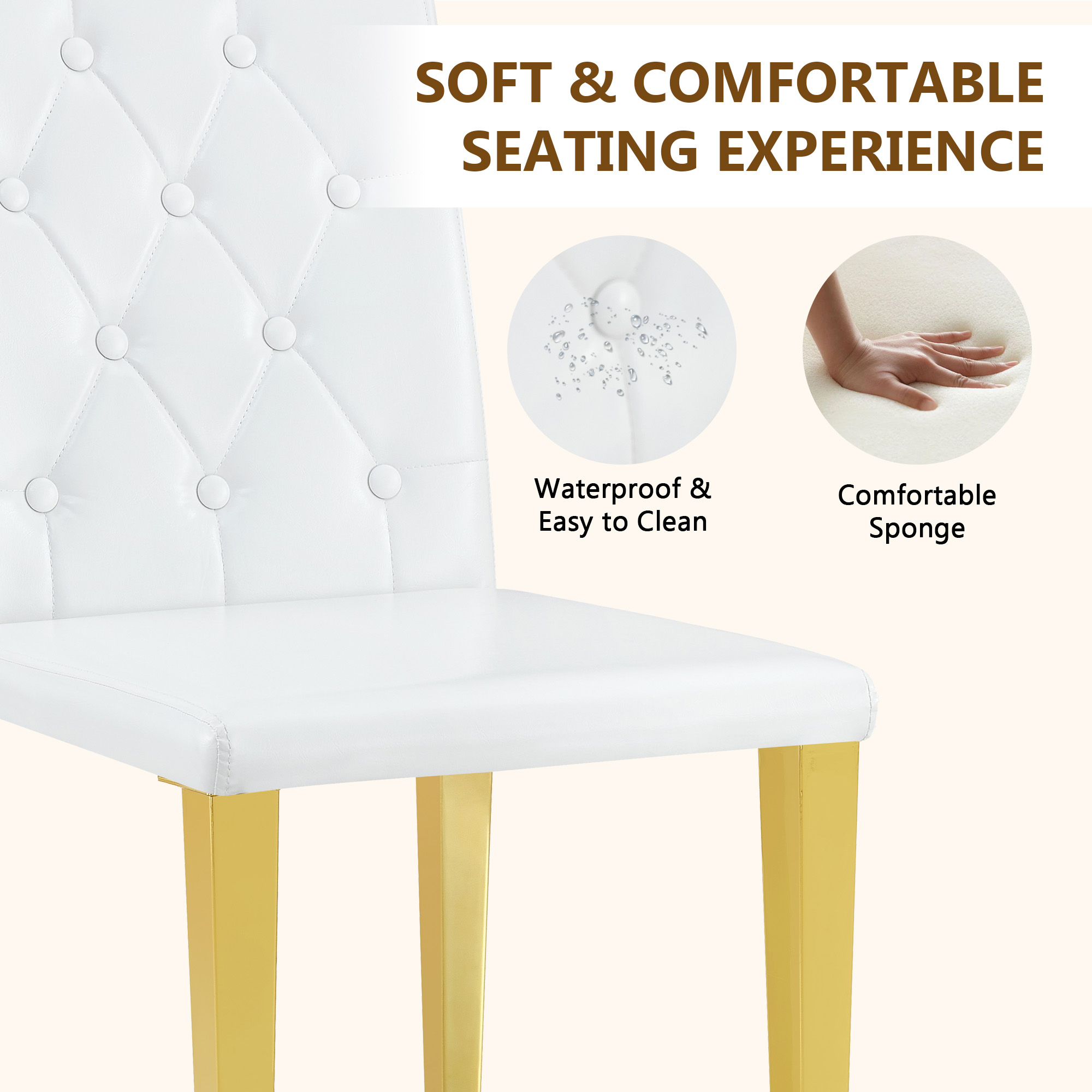 2-pack White PU Dining Chairs Ergonomic Buckle Backrest, 35 Inches High, Golden Metal Legs Combines Comfort And Texture Perfectly Suitable For Family Dining Rooms, Hotel Banquet Halls,etc.