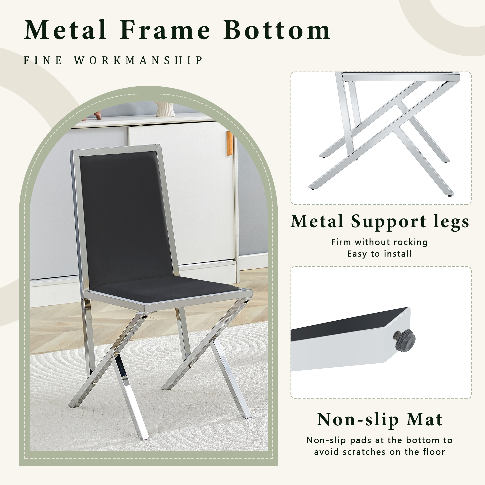 4-pack Silver Metal Framed Black PU Dining Chairs Ergonomic Design, A Simple And Luxurious Choice.Featuring Uniquely Designed Silver Metal Legs.