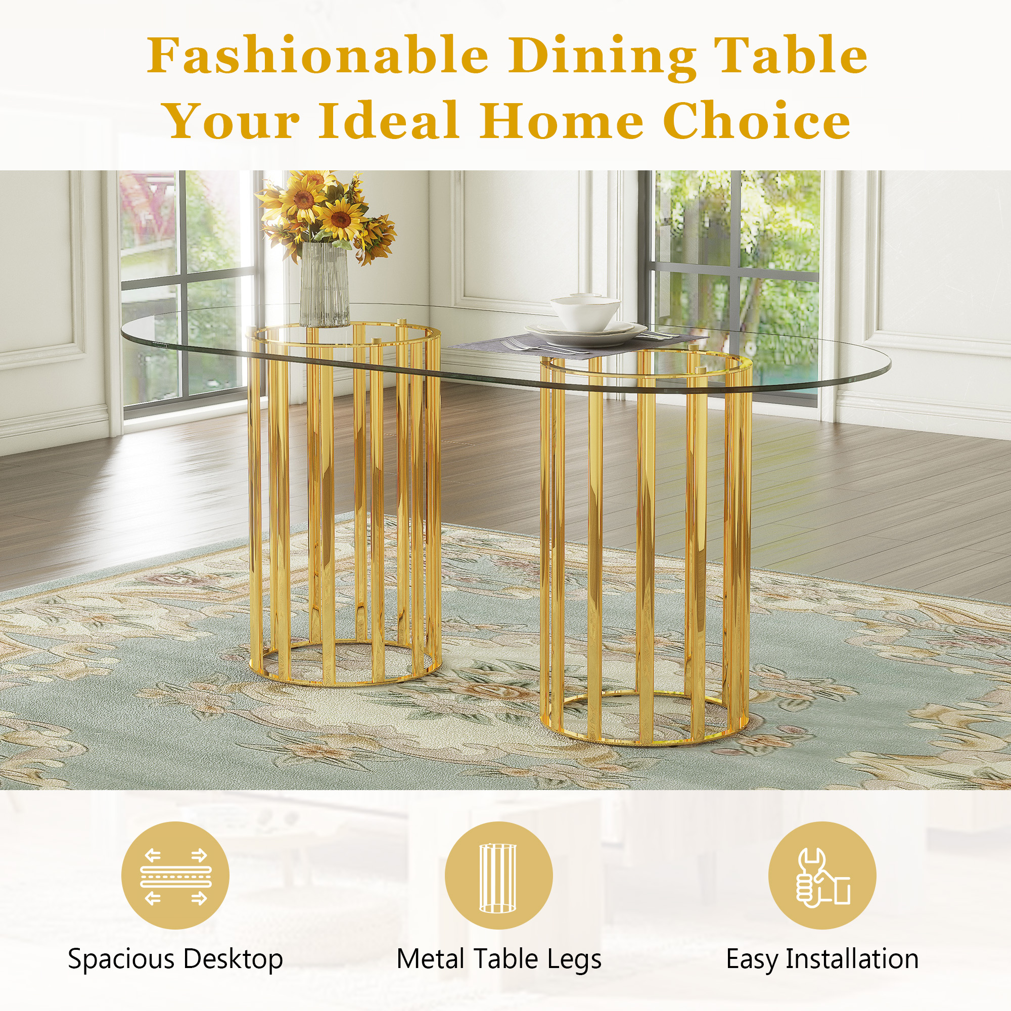 Table And Chair Set.71 Inch Oval Tempered Glass Dining Table,gold Double Column Light Luxury Style. Paired With 8 White PU Chairs With Golden Legs. 37 Inches High Ergonomic PU Backrest .