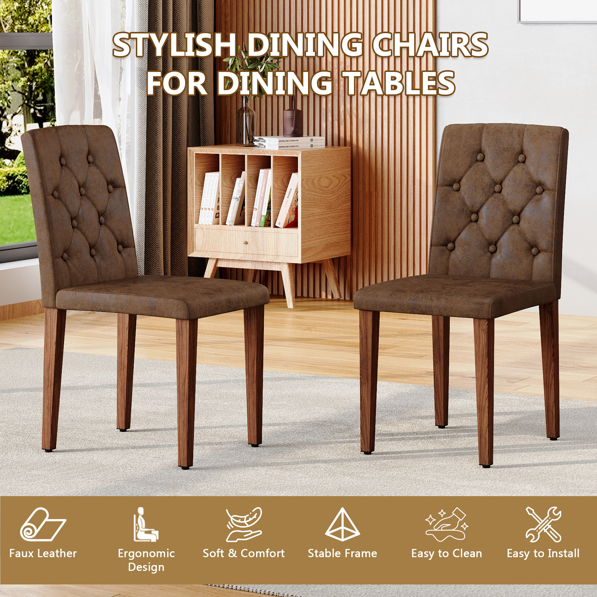 2-piece Brown Technology Cloth Dining Chair Ergonomically Designed With A Buckle Backrest,35 Inches High, Walnut Metal Legs, Combining Comfort And Texture.Suitable For Restaurants,banquet Halls,etc.