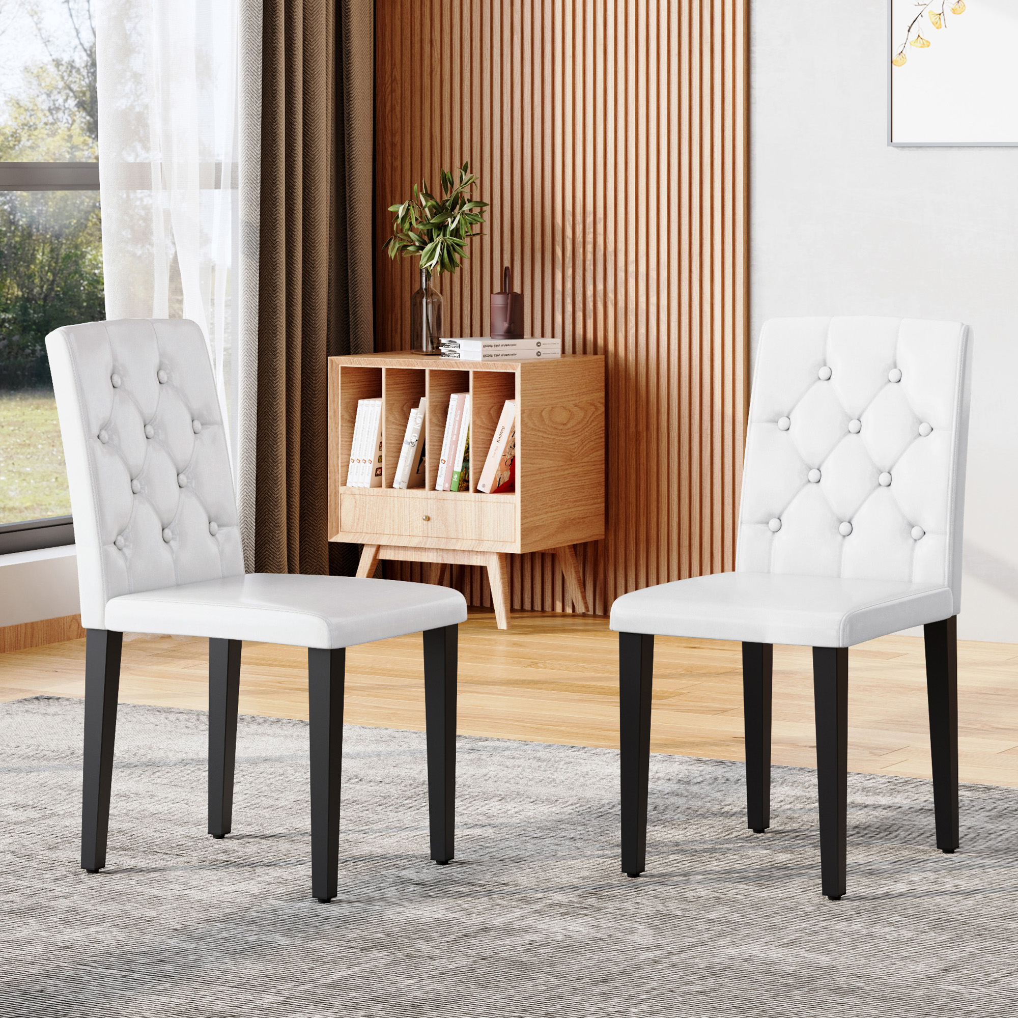 2-pack White PU Dining Chairs Ergonomic Buckle Backrest, 35 Inches High, Black Metal Legs,Combines Comfort And Texture.Perfectly Suitable For Family Dining Rooms, Hotel Banquet Halls,etc.