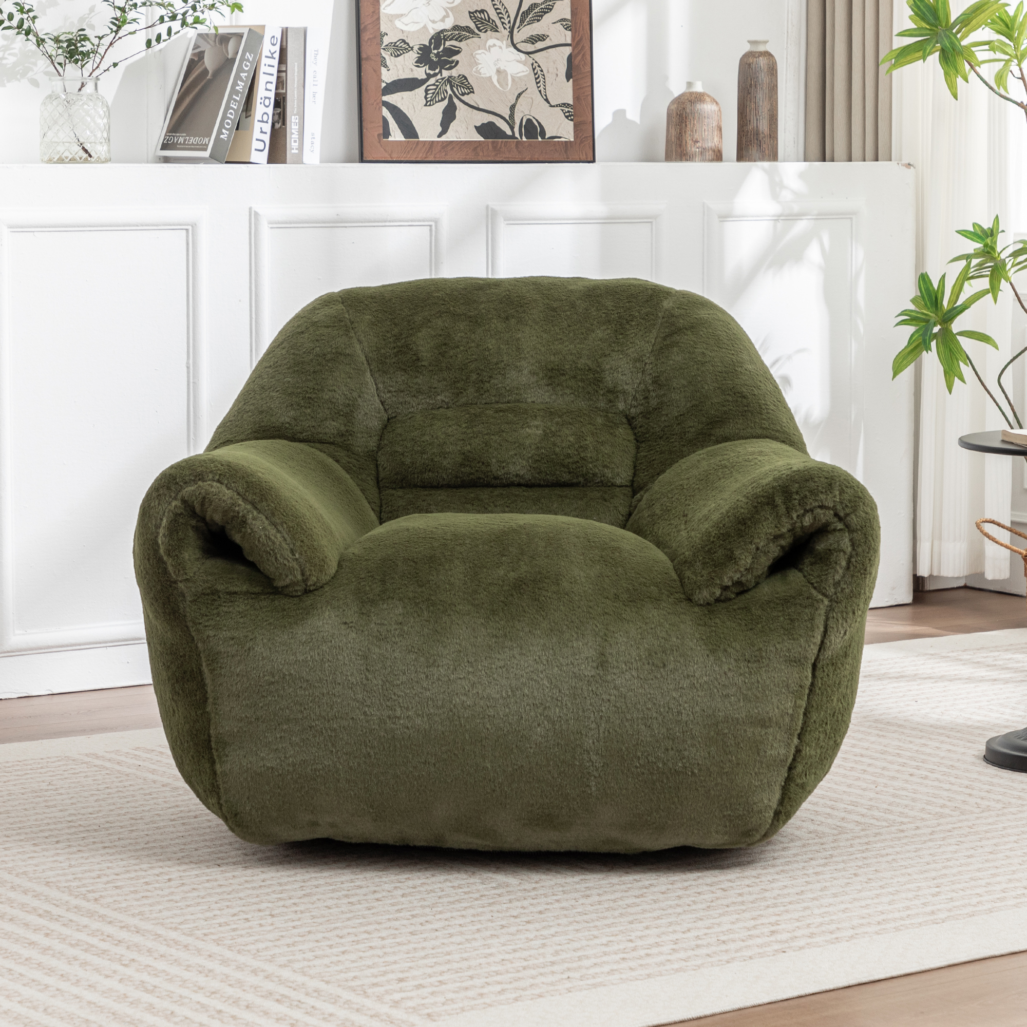 Bean Bag Chair, Comfy Bean Bag Sofa With Back Support, Faux Fur Bean Bag Chair For Adults And Kids, Stuffed Floor Sofa For Living Room, Bedroom, Apartment, Green