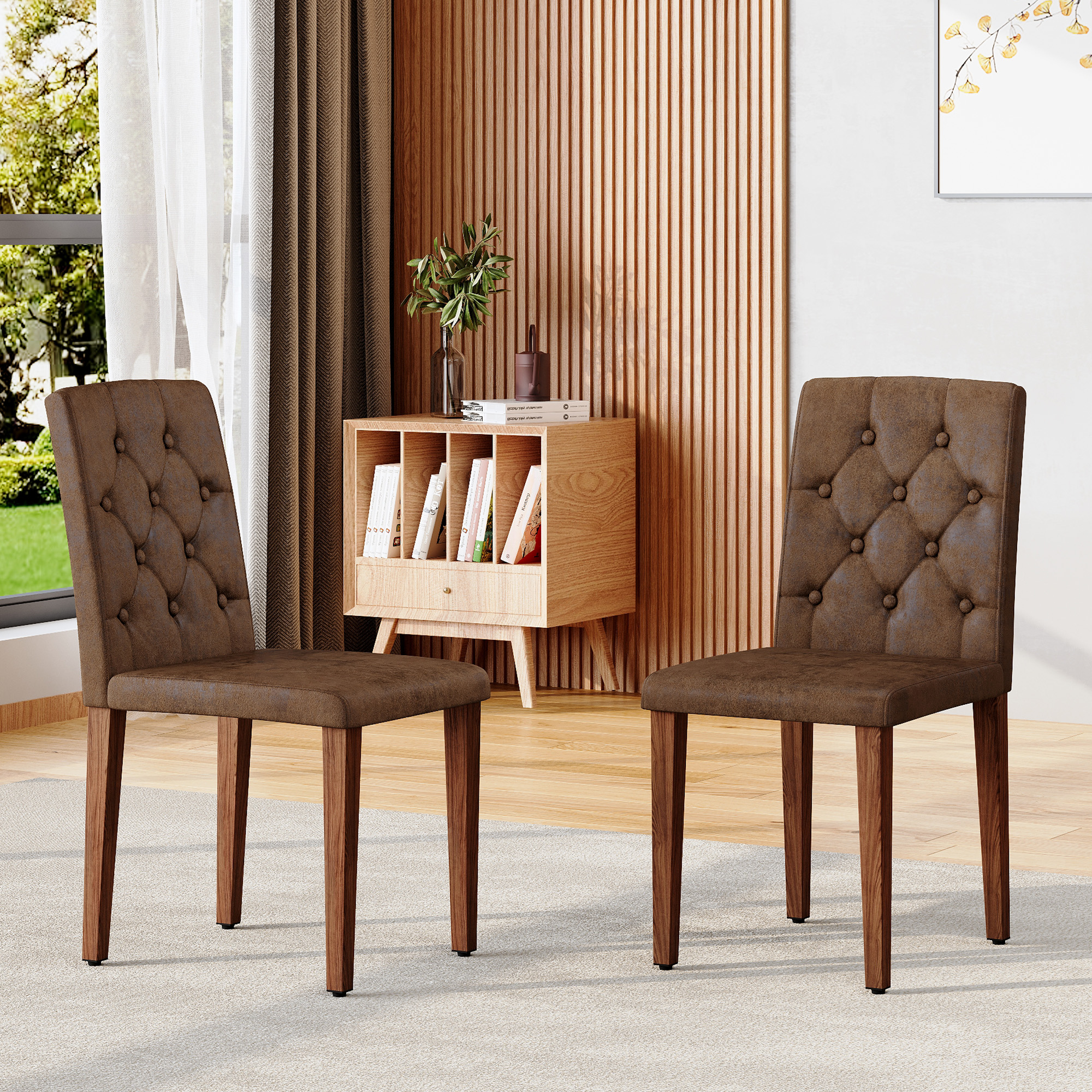 2-piece Brown Technology Cloth Dining Chair Ergonomically Designed With A Buckle Backrest,35 Inches High, Walnut Metal Legs, Combining Comfort And Texture.Suitable For Restaurants,banquet Halls,etc.