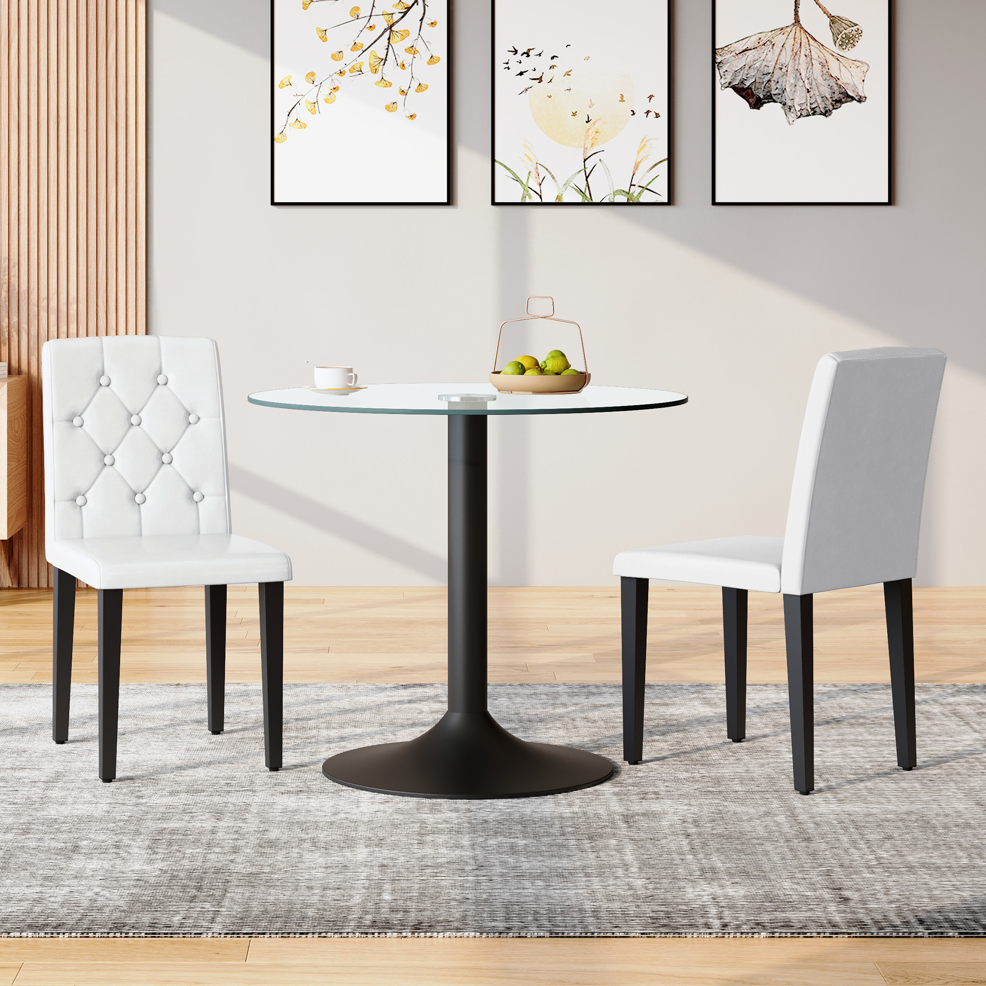 2-pack White PU Dining Chairs Ergonomic Buckle Backrest, 35 Inches High, Black Metal Legs,Combines Comfort And Texture.Perfectly Suitable For Family Dining Rooms, Hotel Banquet Halls,etc.