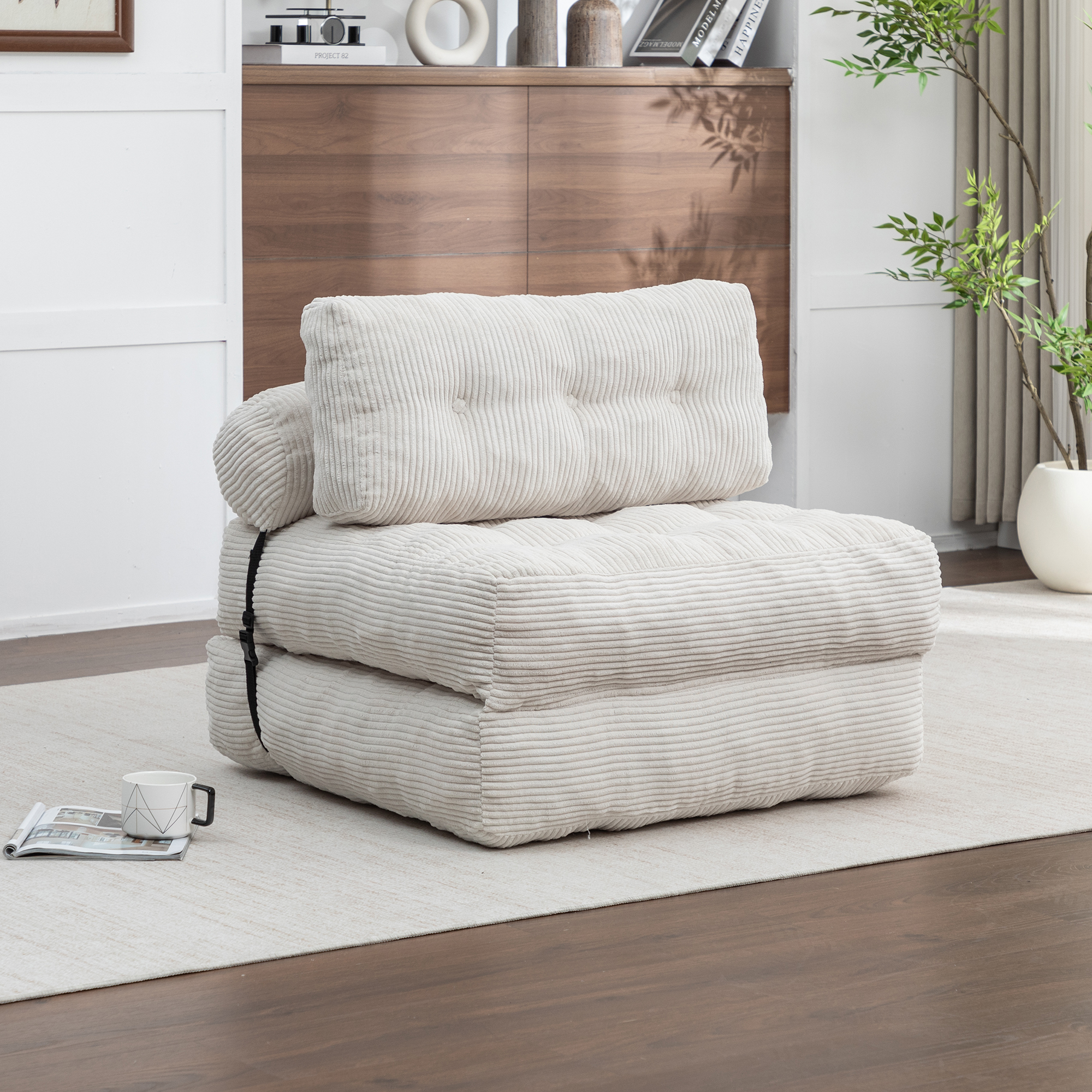 Folding Sofa Bed, Convertible Sleeper Chair With Pillow Foldable Mattress With Back Support, Portable Fold Out Chair Bed Comfy Floor Sofa Lounge For Living Room Bedroom, Beige, Single