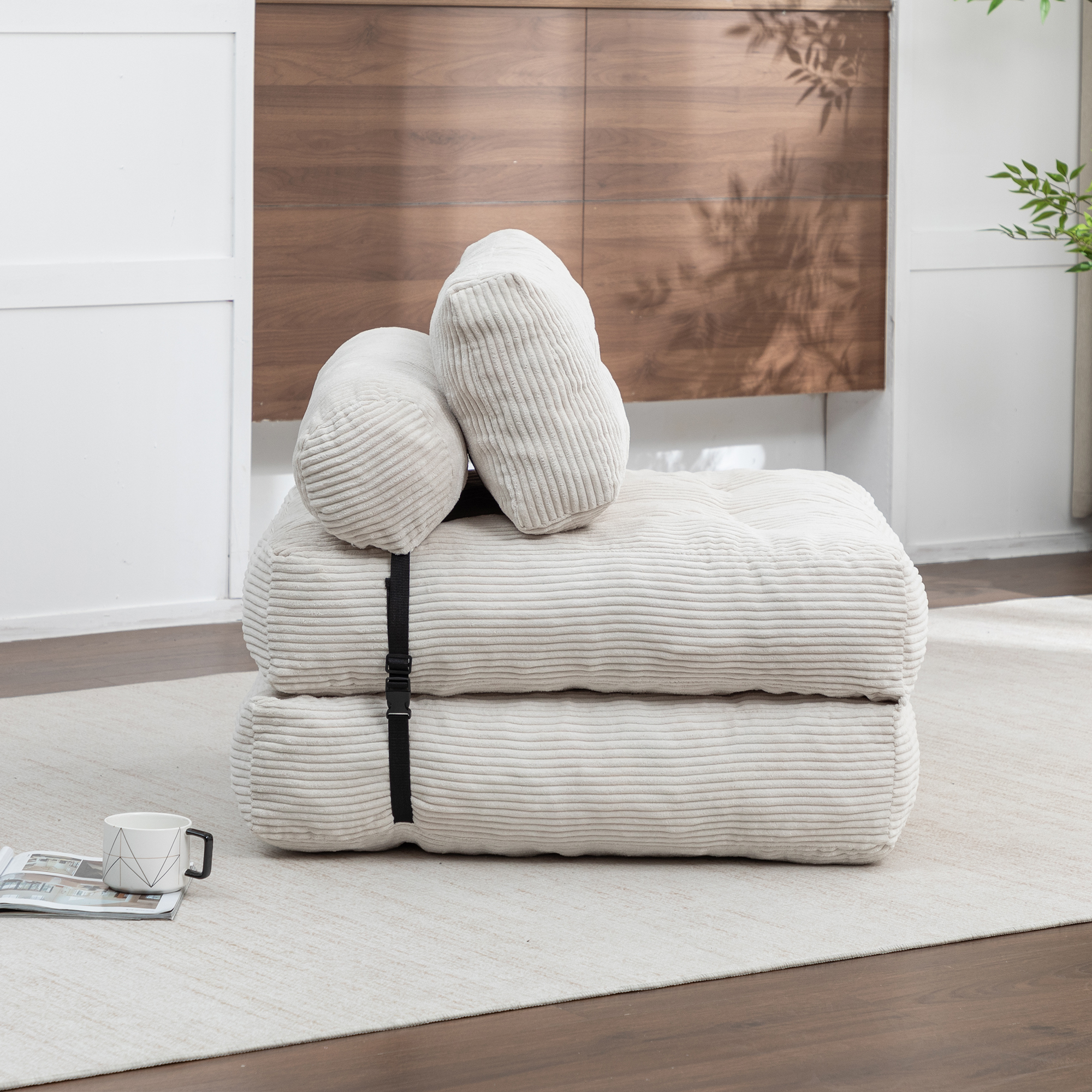 Folding Sofa Bed, Convertible Sleeper Chair With Pillow Foldable Mattress With Back Support, Portable Fold Out Chair Bed Comfy Floor Sofa Lounge For Living Room Bedroom, Beige, Single