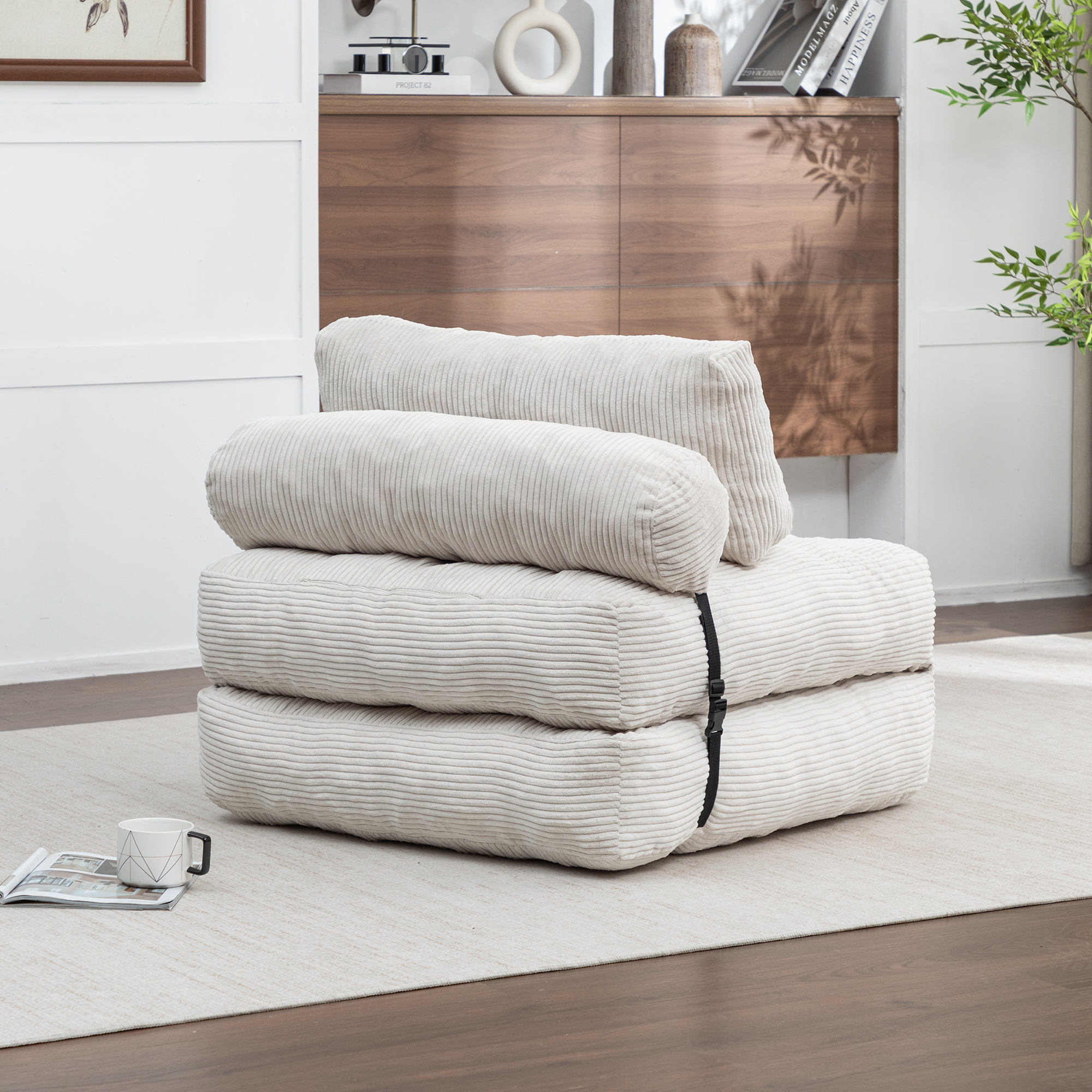 Folding Sofa Bed, Convertible Sleeper Chair With Pillow Foldable Mattress With Back Support, Portable Fold Out Chair Bed Comfy Floor Sofa Lounge For Living Room Bedroom, Beige, Single