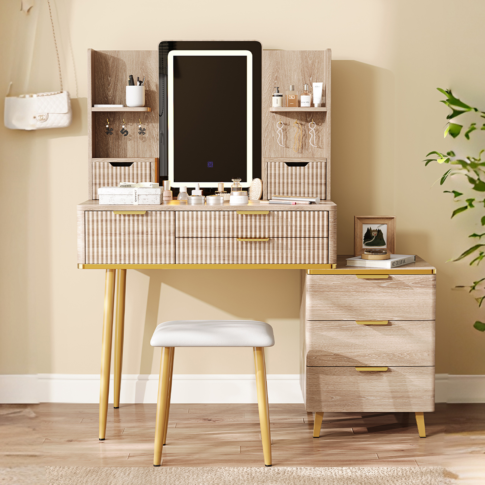 7-Drawer Vanity Desk With LED Mirror & Carved Details, Fluted Makeup Table With Metal Legs And PU Stool, Carved Dressing Table With Jewelry Storage For Bedroom