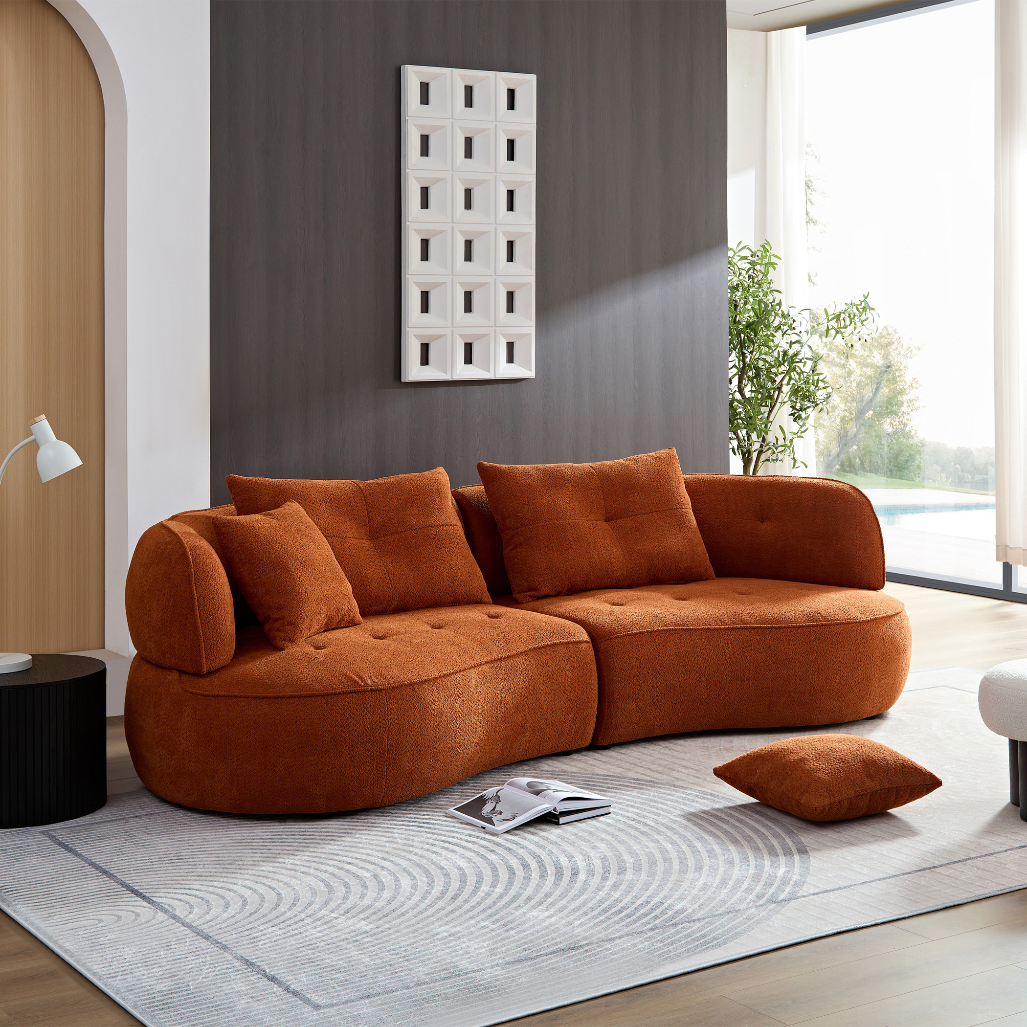 WKS7C Orange Sectional Sofa With Removable Pillows, Durable Fabric, Solid Wood Frame, High Density Sponge Filler
