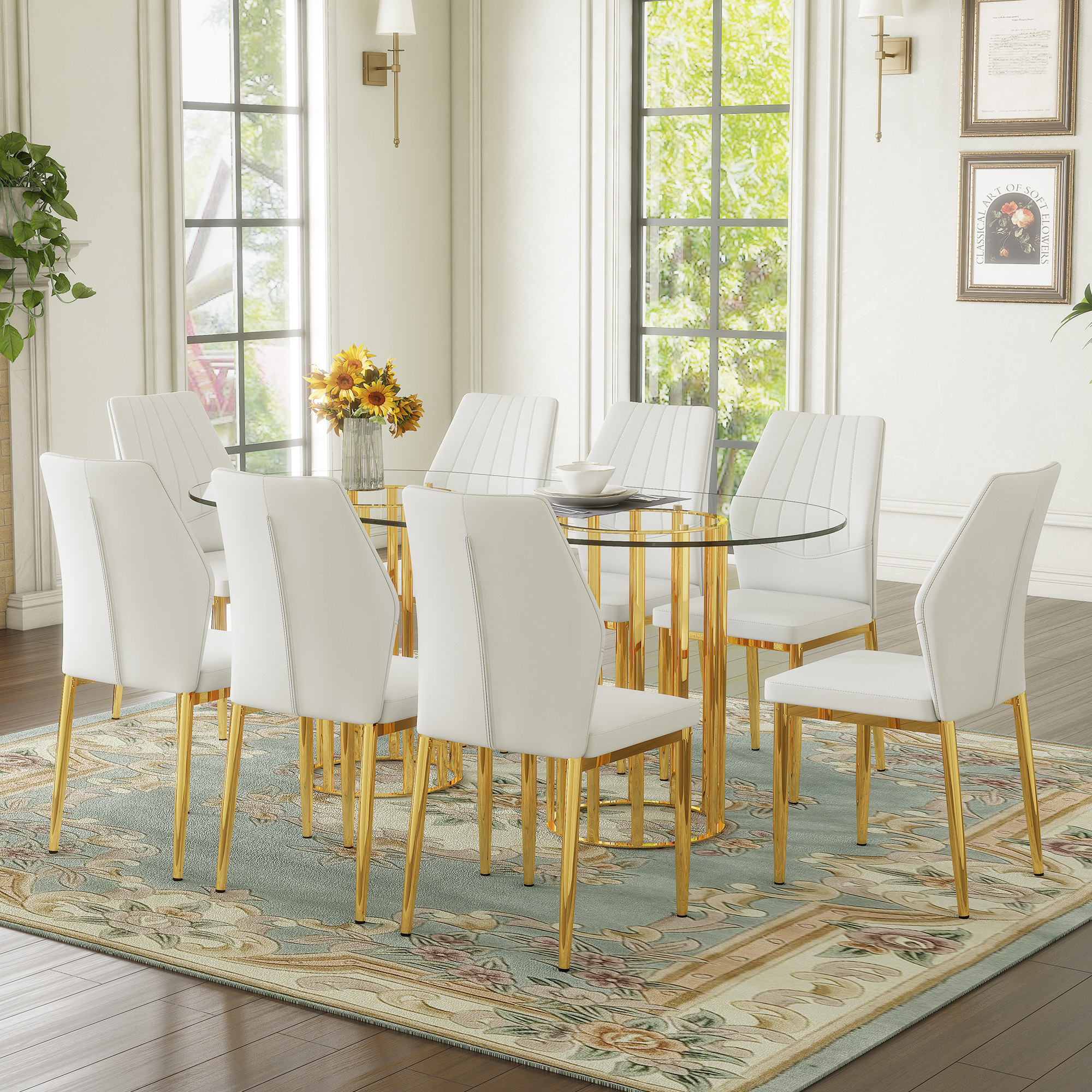 Table And Chair Set.71 Inch Oval Tempered Glass Dining Table,gold Double Column Light Luxury Style. Paired With 8 White PU Chairs With Golden Legs. 37 Inches High Ergonomic PU Backrest .