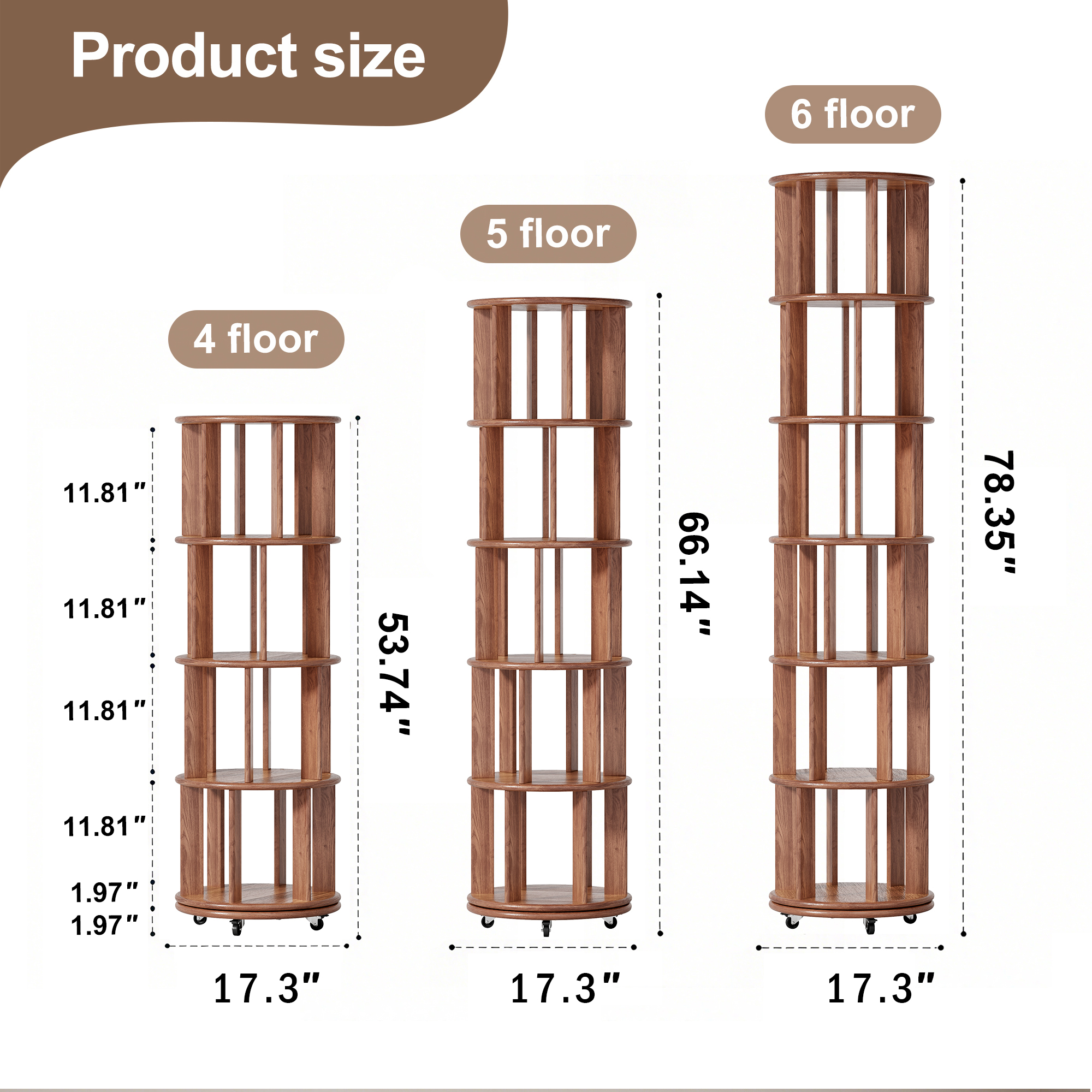 Solid Wood Rotating Bookshelf On Wheels, 4 Tier, Round Revolving Bookcase, 360 Spinning Book Shelf Tower For Kids, Narrow Rolling Bookshelves For Small Space, Corner, Bedroom, Office, Walnut