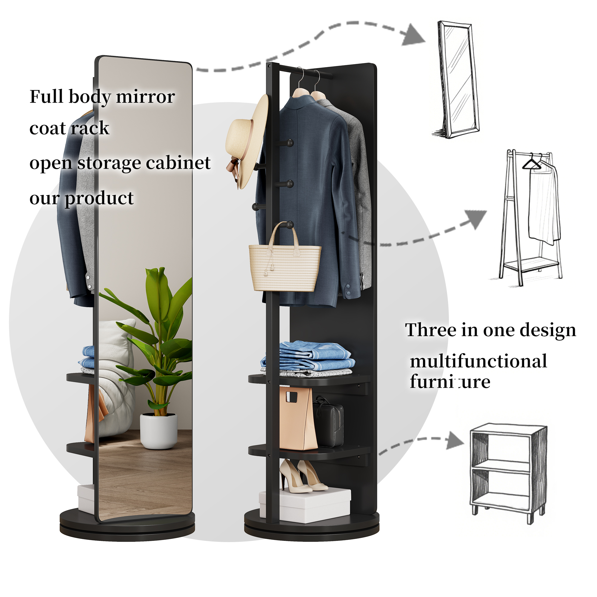 360 Rotating 69x20in Multifunctional Full Length Mirror With Hook Storage Rack Coat Rack With Mirror Solid Wood Floor Mirror Bedroom Living Room Cloakroom Space Saving   Black