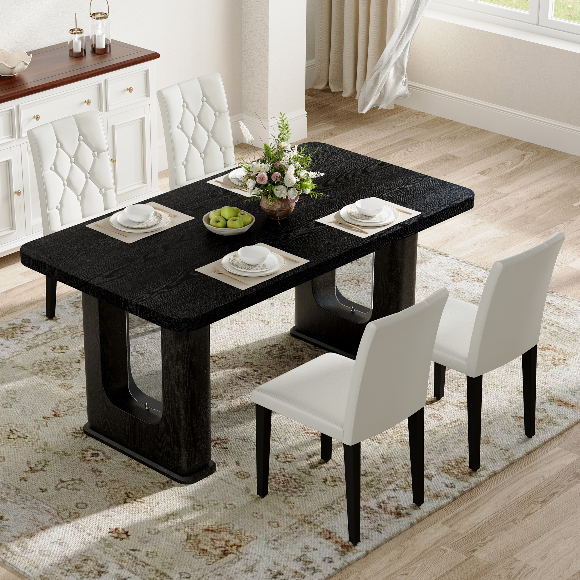 Table And Chair Set.64.5 X 35.4 Inch Stylish Black Wood Color Textured Dining Table.4-pack White PU Dining Chairs Ergonomic Buckle Backrest.Exudes A Strong Sense Of Fashion.