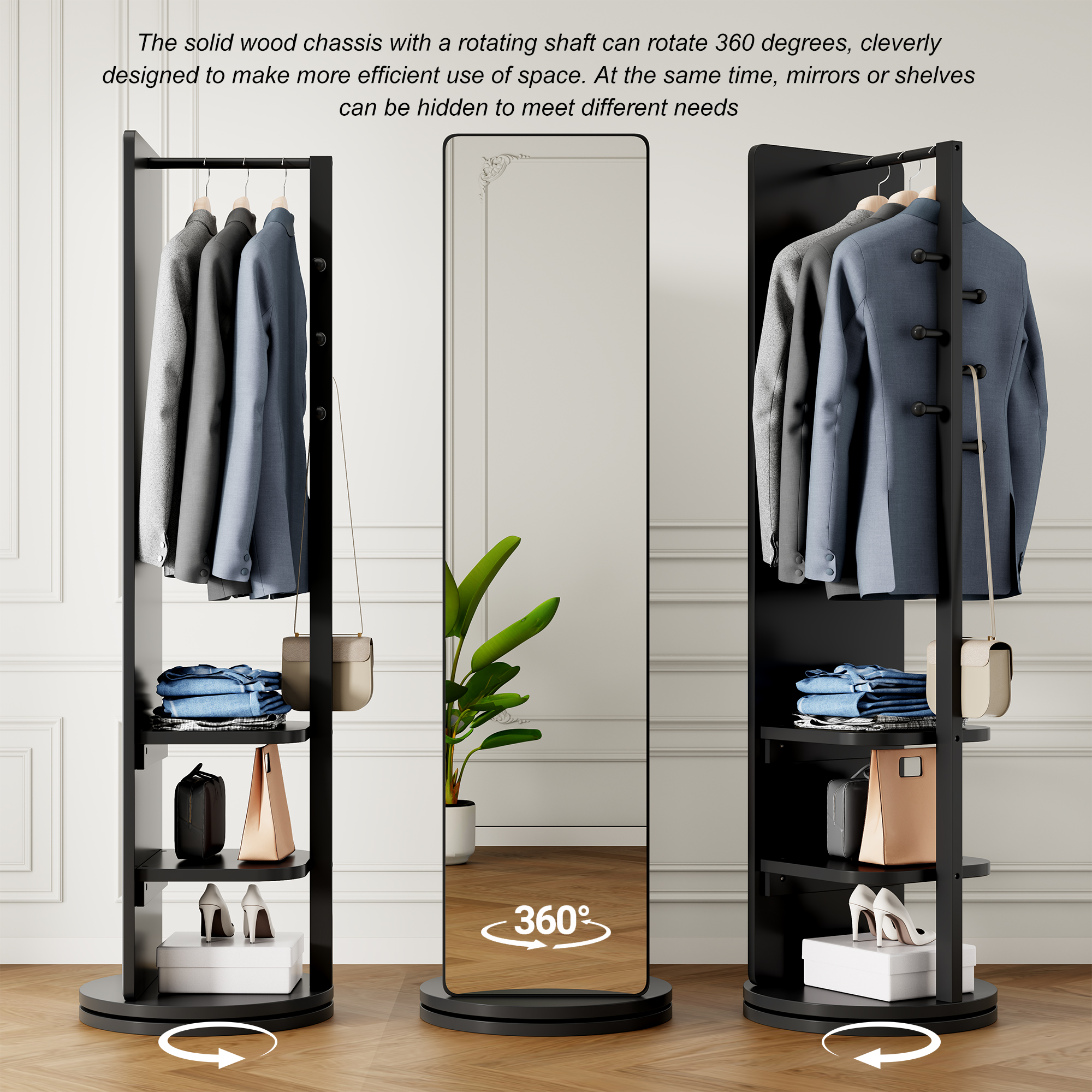 360 Rotating 69x20in Multifunctional Full Length Mirror With Hook Storage Rack Coat Rack With Mirror Solid Wood Floor Mirror Bedroom Living Room Cloakroom Space Saving   Black