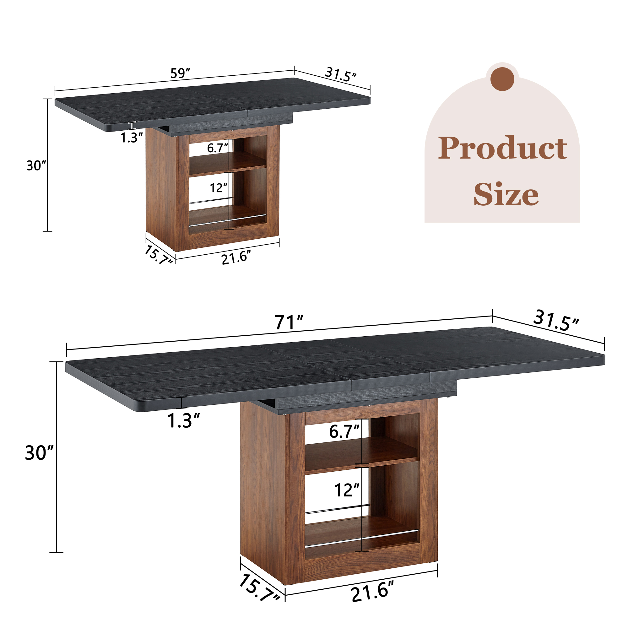 An Expandable Dining Table With Storage Space And A 59 Inch To 71 Inch Expandable Kitchen Dining Table. Black Rectangular Pull Table With Sturdy MDF Frame In Walnut Color,  Accommodating 4-8 People.