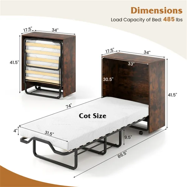 Murphy Bed 86.5' X 34' X 41.5' With 4 Rolling Lockable Wheels, Foldable Wall Bed Cabinet With 4 Inch Foam Mattress
