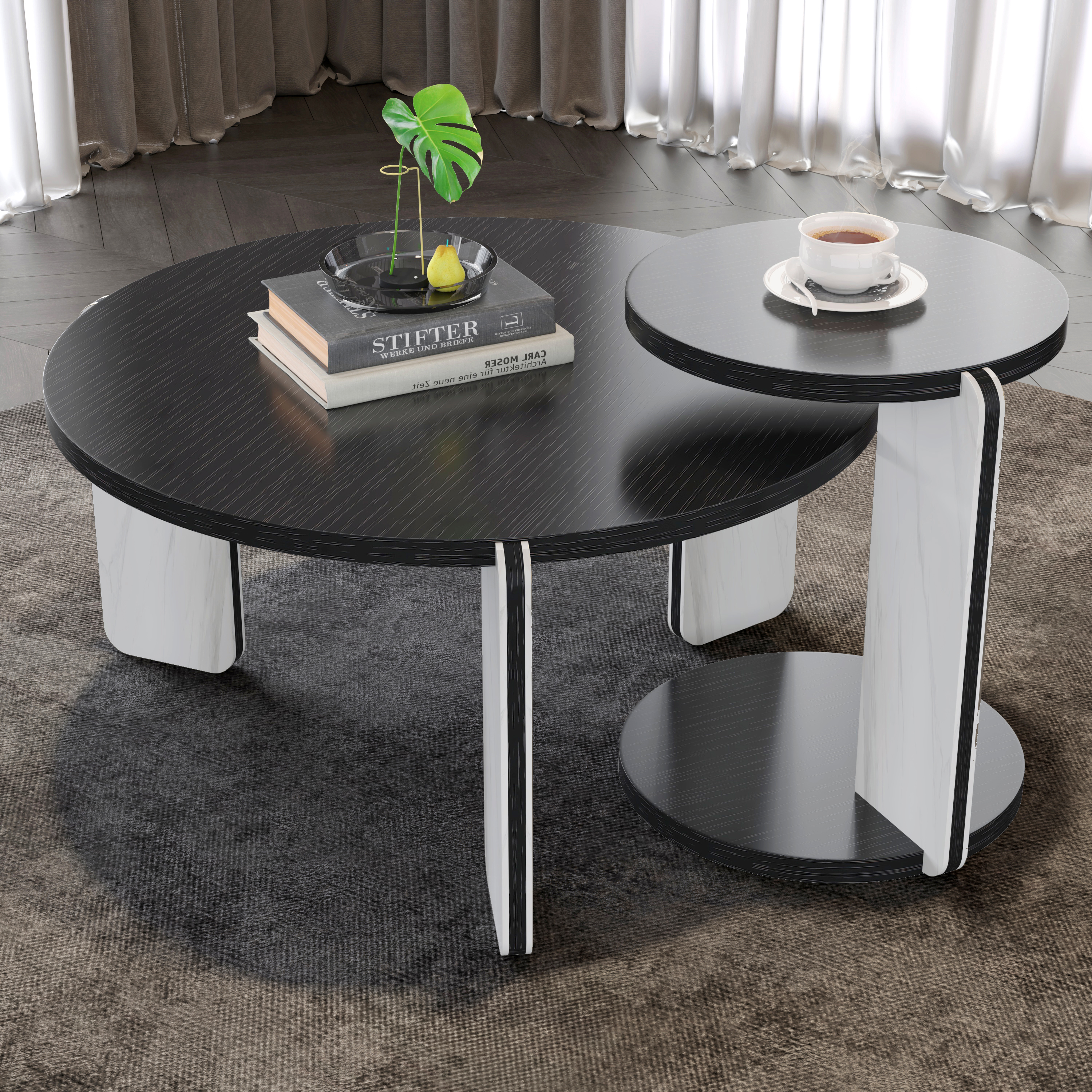 32.68& 16.93 Round Coffee Table End Table Sofa Table Side Table Set With Black OAK Veneer Surface 25mm MDF For Living Room Dinning Room Bedroom,Sintered Stone Legs White Black, 83 43cm Diameter