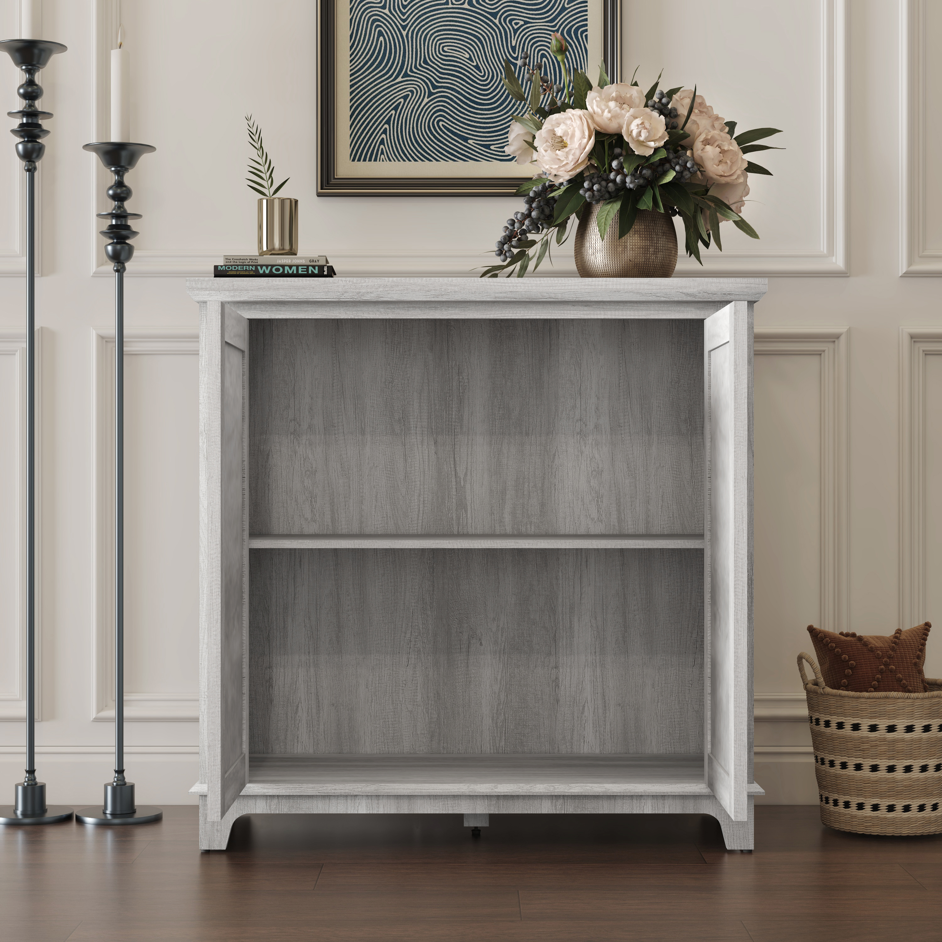 Elegant Sideboard With 2 Acrylic Mirrored Doors Sideboard And Buffet With Storage, Hollow-Carved Accent Cabinet Gray Laminates And MDF Substrate, Spacious Space Adjustable Shelf, Living Room, Kitchen