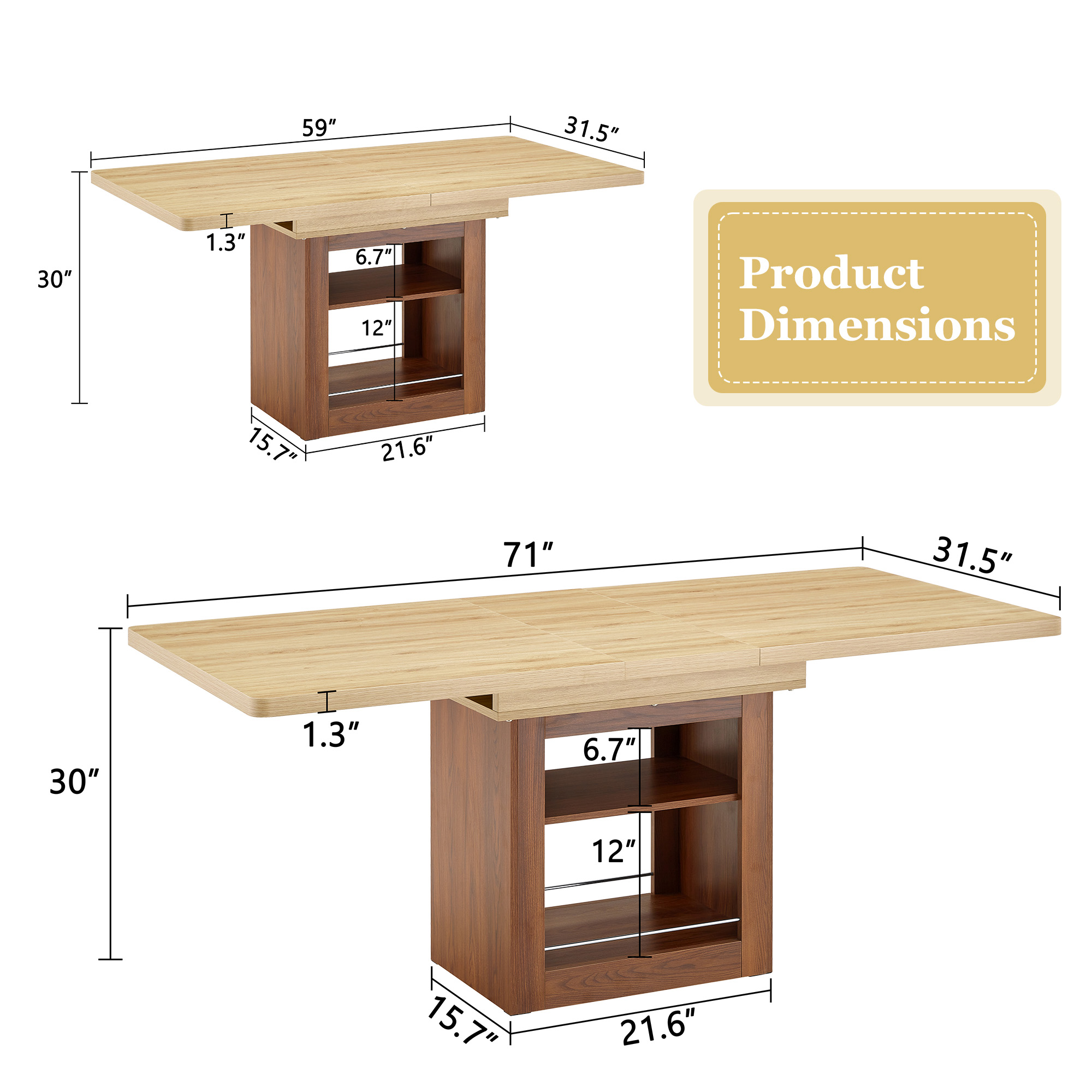 An Expandable Dining Table With Storage Space, A 59 Inch To 71 Inch Expandable Kitchen Dining Table. Wood Color Rectangular Pull Table With Sturdy MDF Frame In Walnut Color,  Accommodating 4-8 People.