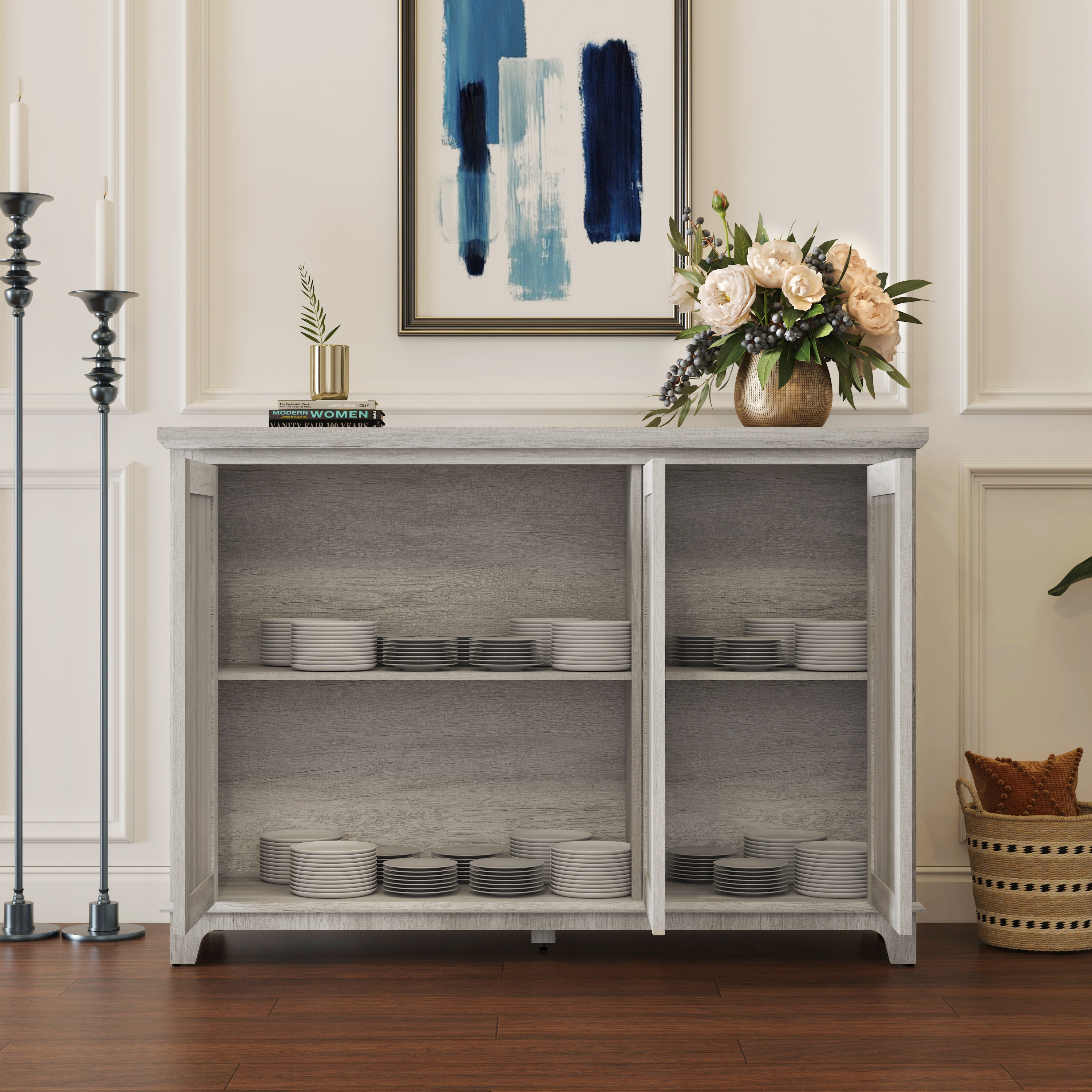 49.33  X 15.55in Spacious Size Countertop Sideboard With 3 Mirrored Doors Adjustable Shelves Buffet Cabinet, Storage Cabinet For Living Room, Bedroom, Dinning Room, Kitchen, Hallway Closet