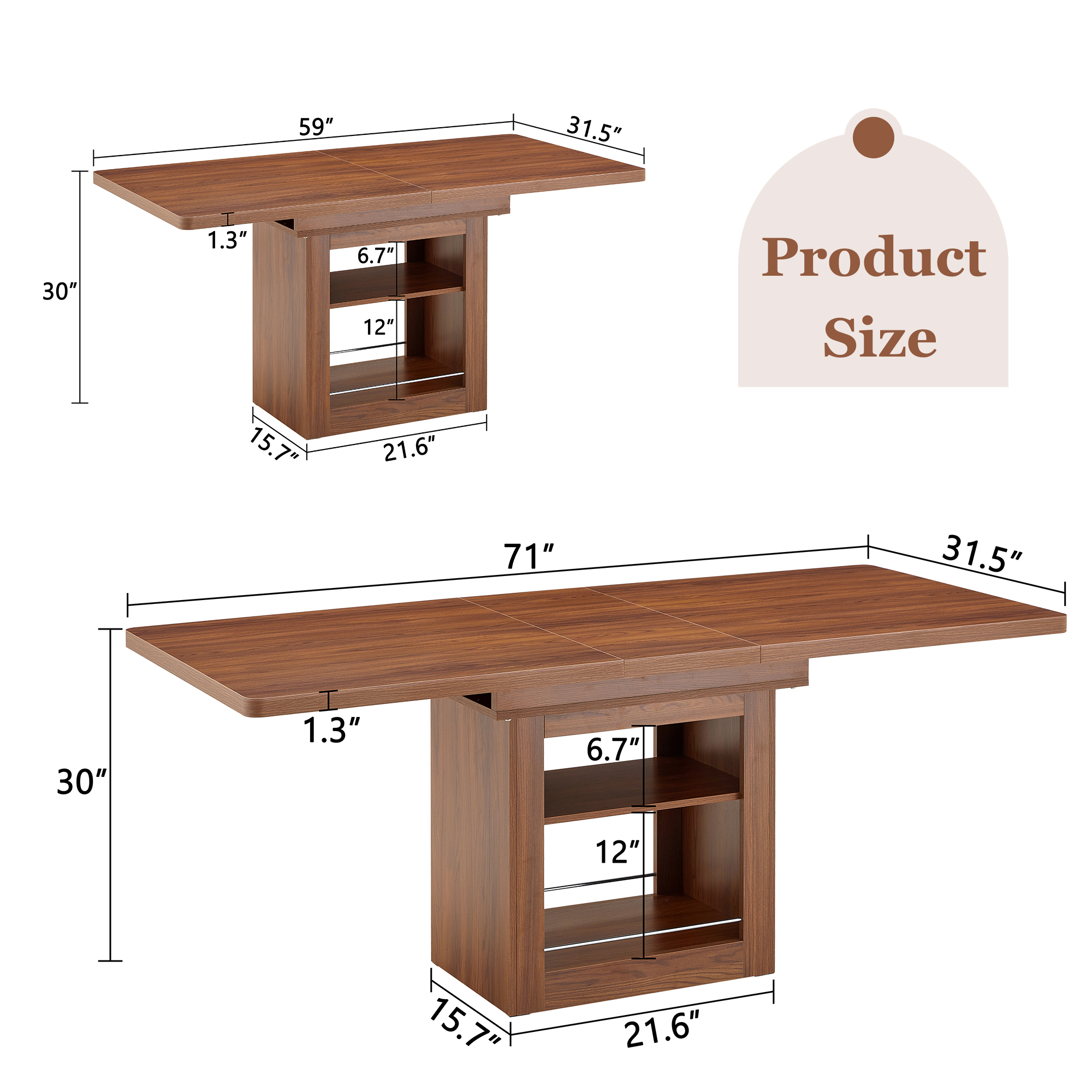 An Expandable Dining Table With Storage Space ,59 Inch To 71 Inch Expandable Kitchen Dining Table. Walnut Rectangular Pull Table With Sturdy MDF Frame In Walnut Color,  Accommodating 4-8 People.