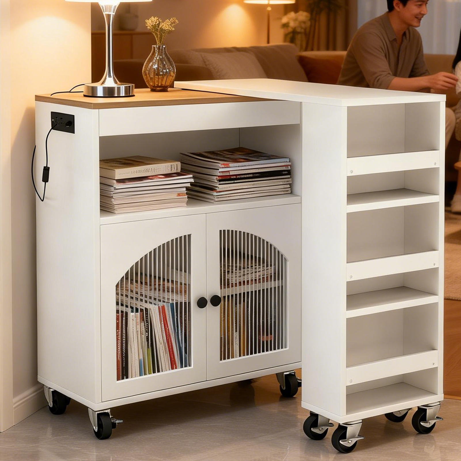 Kitchen Island On Wheels With Extended Table MDF Rolling Kitchen Storage Cart With LED Light Power Outlets 2 Fluted Glass Doors Side 3 Open Shelves White US Plug 2