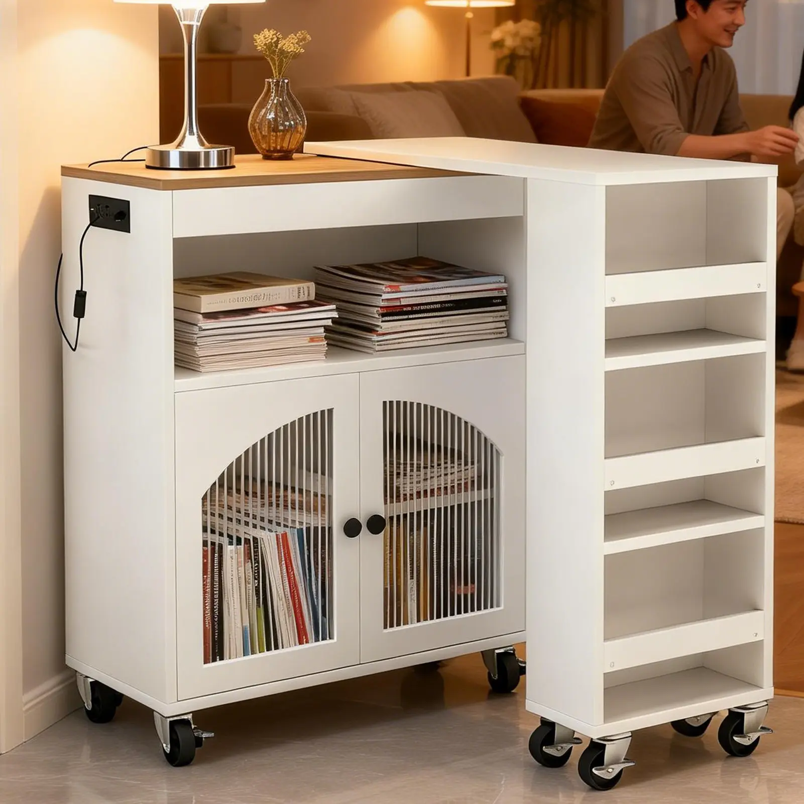 Kitchen Island On Wheels With Extended Table MDF Rolling Kitchen Storage Cart With LED Light Power Outlets 2 Fluted Glass Doors Side 3 Open Shelves White US Plu