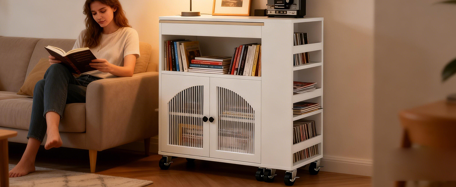 Kitchen Island On Wheels With Extended Table MDF Rolling Kitchen Storage Cart With LED Light Power Outlets 2 Fluted Glass Doors Side 3 Open Shelves White US Plug 5
