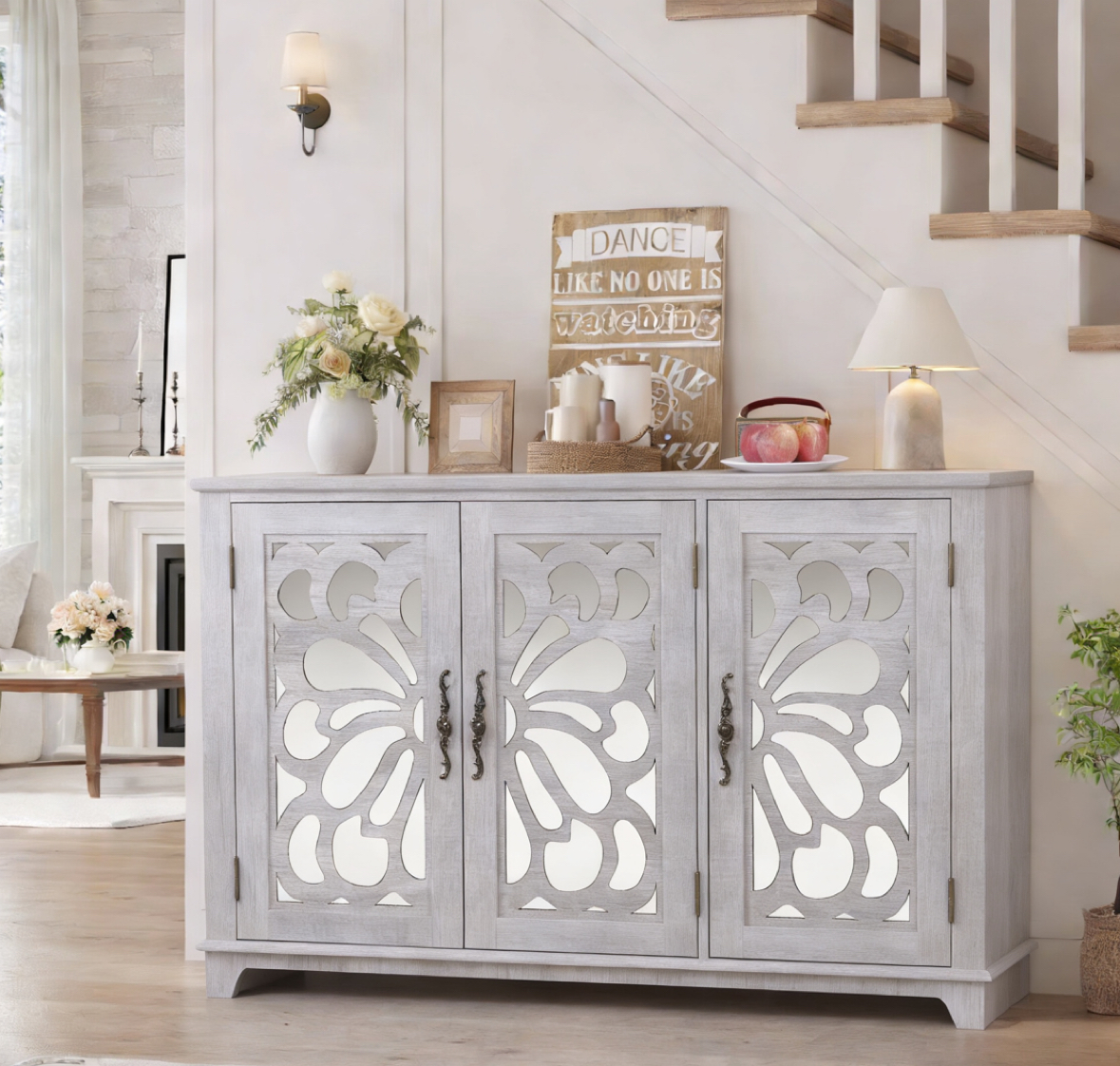 49.33  X 15.55in Spacious Size Countertop Sideboard With 3 Mirrored Doors Adjustable Shelves Buffet Cabinet, Storage Cabinet For Living Room, Bedroom, Dinning Room, Kitchen, Hallway Closet